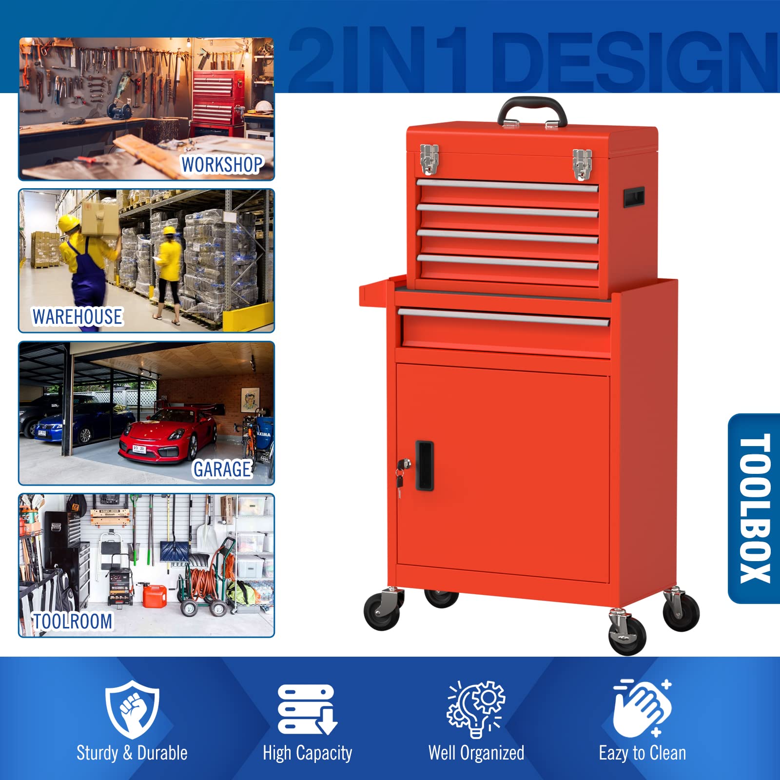 5-Drawer Rolling Tool Chest with Wheels - Heavy Duty Removable Tool Box with Storage Tray & Cabinet Organizer for Garage, Workshop, Warehouse (Red) - Perfect for Mechanics, DIY Enthusiasts & Professional Tradesmen