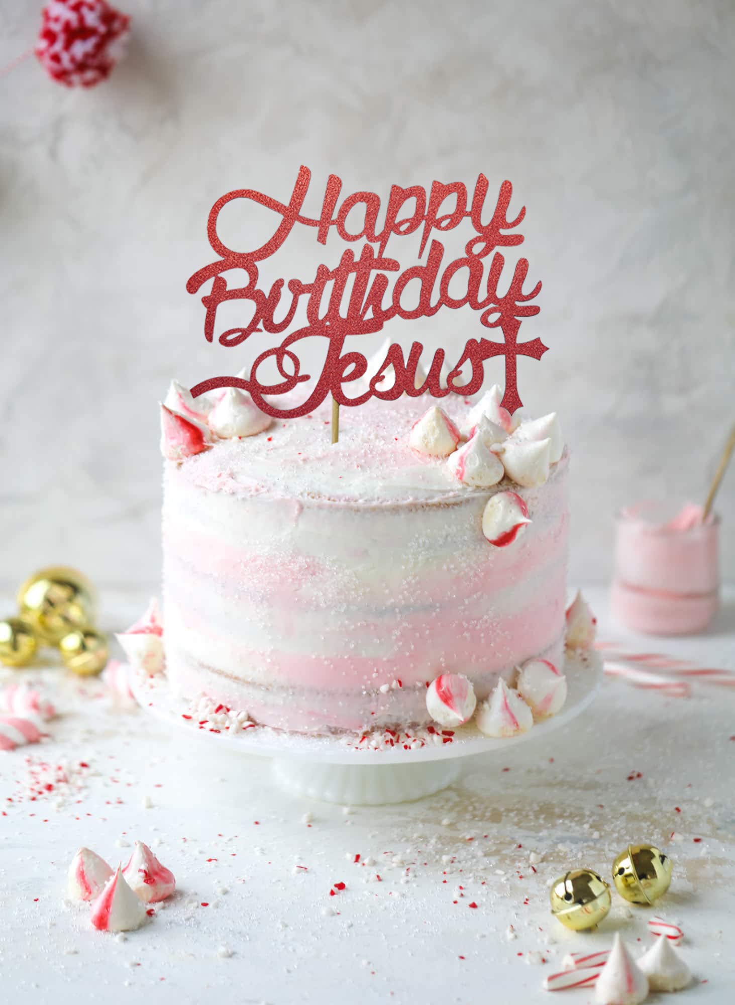 Happy Birthday Jesus Cake Topper - Red Glitter Jesus Birthday Decorations - Jesus is the Reason for the Season - Christmas Nativity Cake Decor for Holiday Parties & Church Celebrations