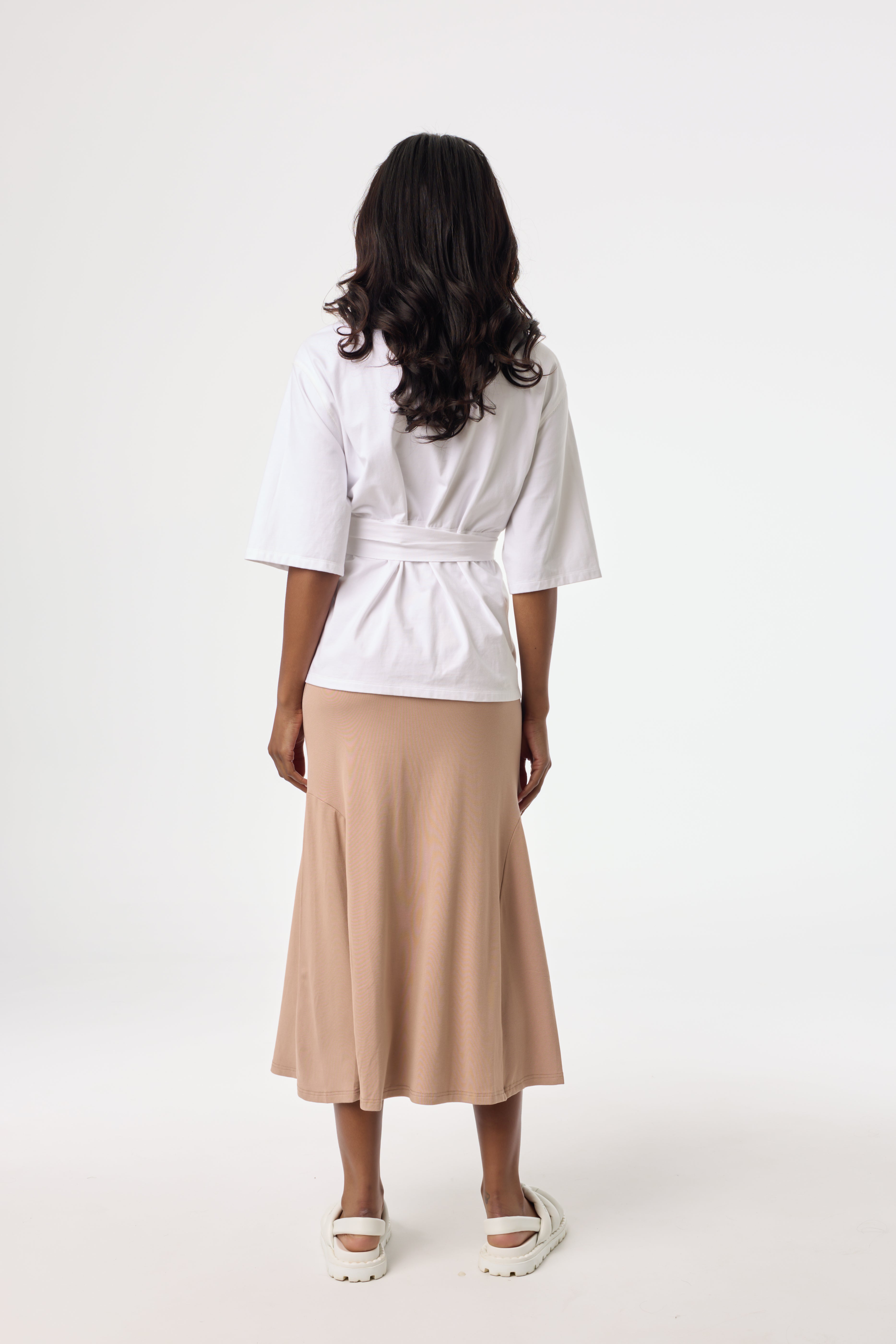 Neutral Solid Side Cut Skirt - Women's High Waist A-Line Midi Skirt for Office, Party & Casual Wear | Flattering Side Slit Design