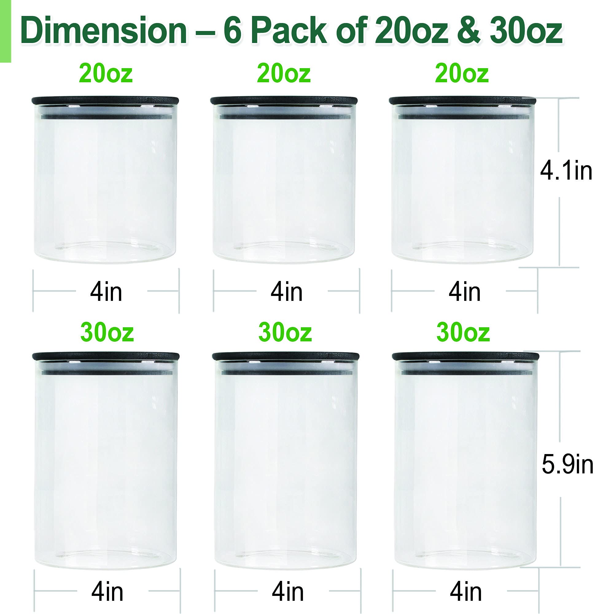 Eco-Friendly Glass Storage Jars with Black Bamboo Lids - Airtight Food Containers Set (3x20oz + 3x30oz) for Pantry, Kitchen, Coffee, Tea, Spices & Dry Goods Organization