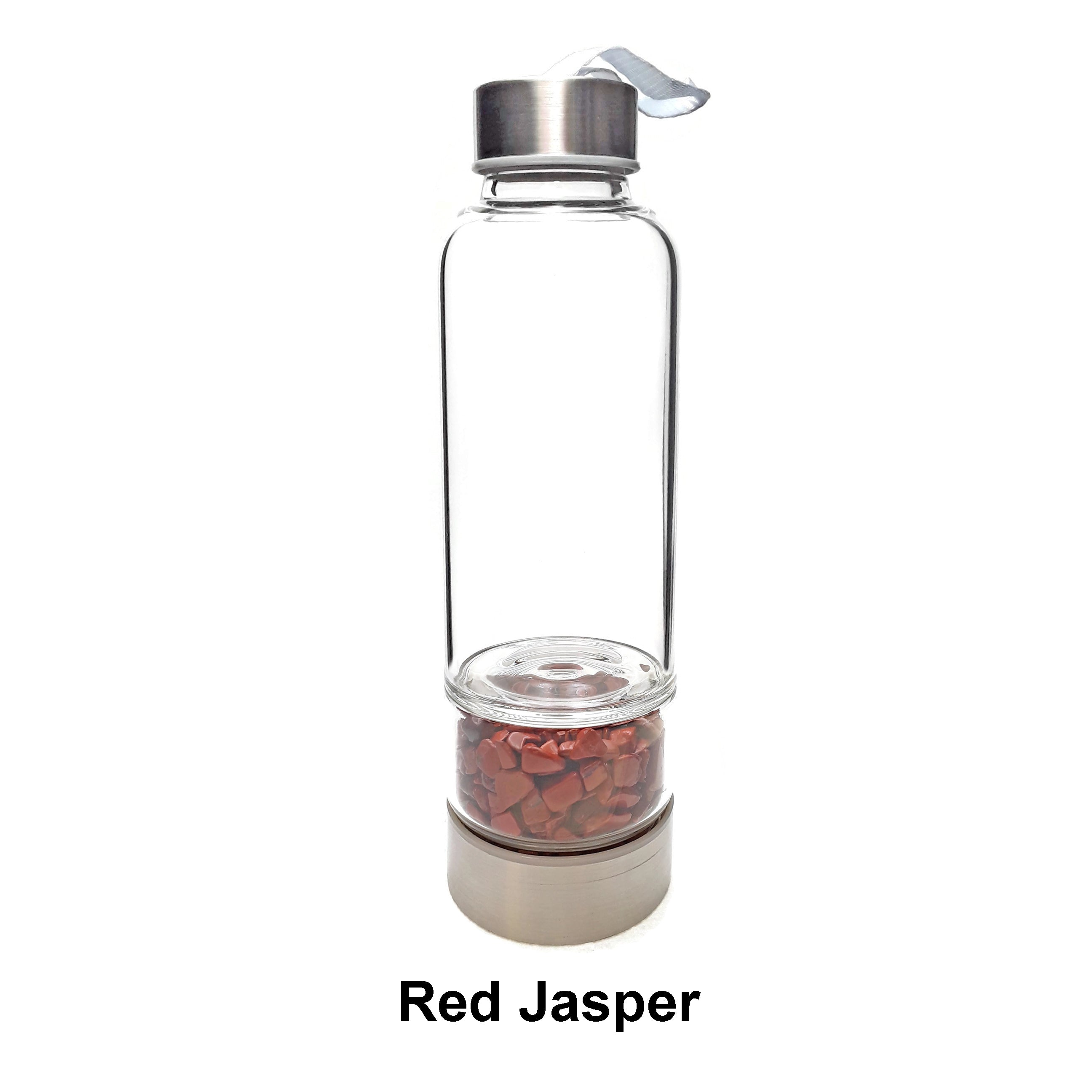 Healing Crystal Infused Glass Water Bottle with Gemstone Chips - Labradorite, Jasper, Rose Quartz, Black Tourmaline & Turquoise | 9