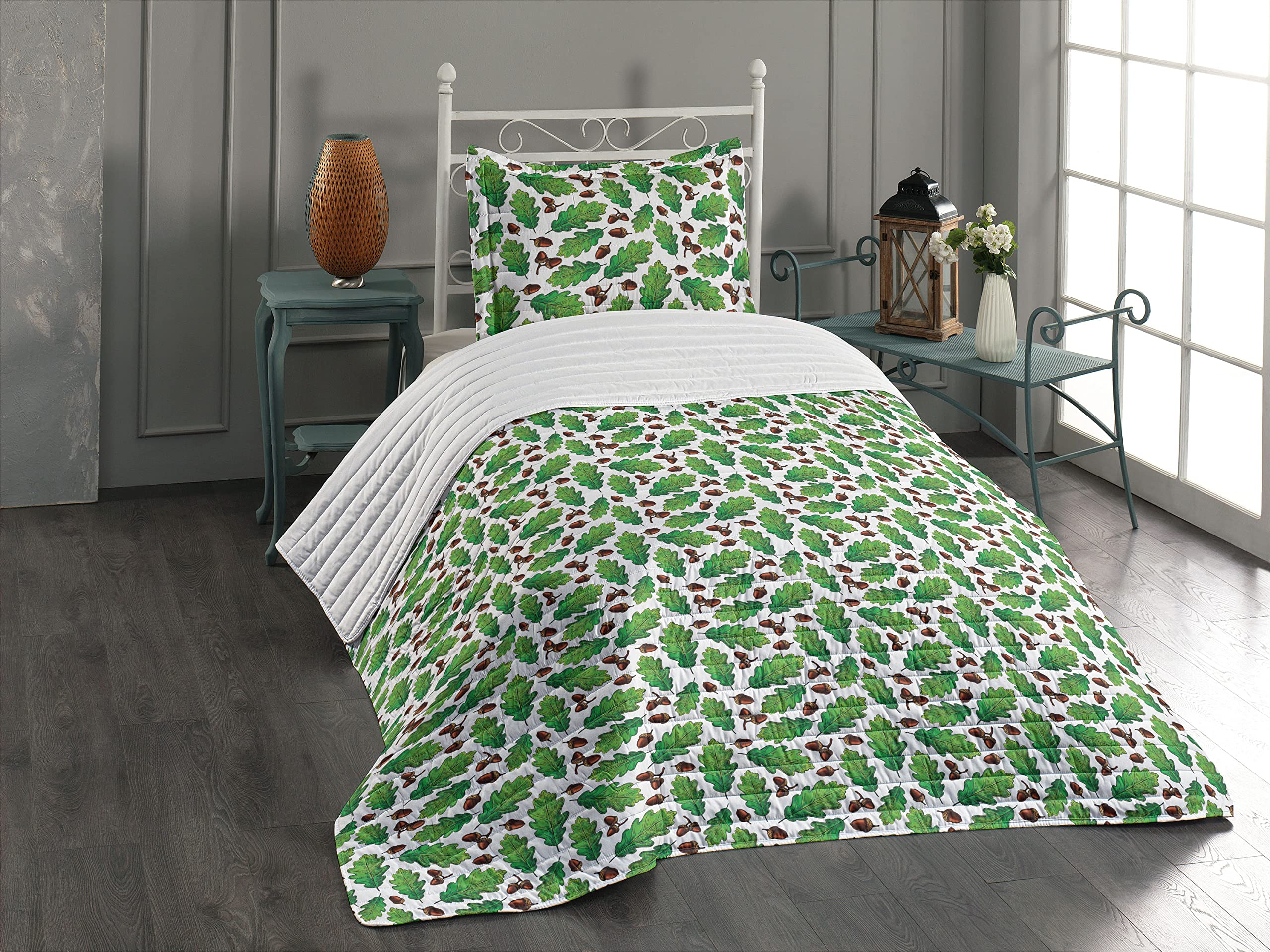 Ambesonne Oak Tree Microfiber Bedspread Set - Leaf Timber Forest Pattern, Soft Twin Size Bedding with Pillow Sham & Comforter in White, Lime Green & Red Brown | Perfect for Nature-Themed Bedrooms, Guest Rooms & Cozy Cabin Retreats