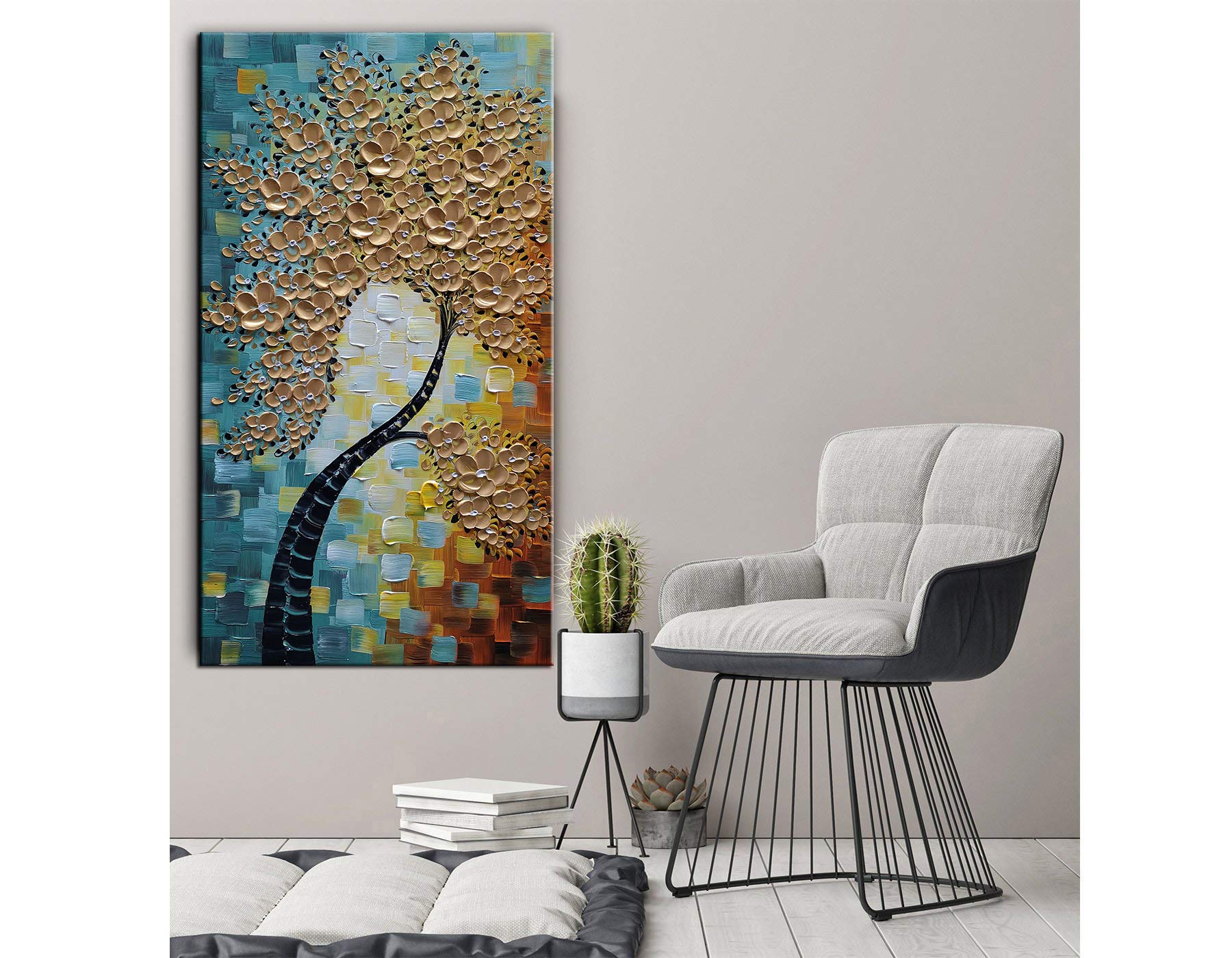 YaSheng Art - 3D Abstract Tree Oil Painting on Canvas with Golden Flowers, Modern Textured Wall Art for Living Room & Bedroom Decor, Ready to Hang (24x48 Inches) - Perfect for Home, Office & Gift Giving