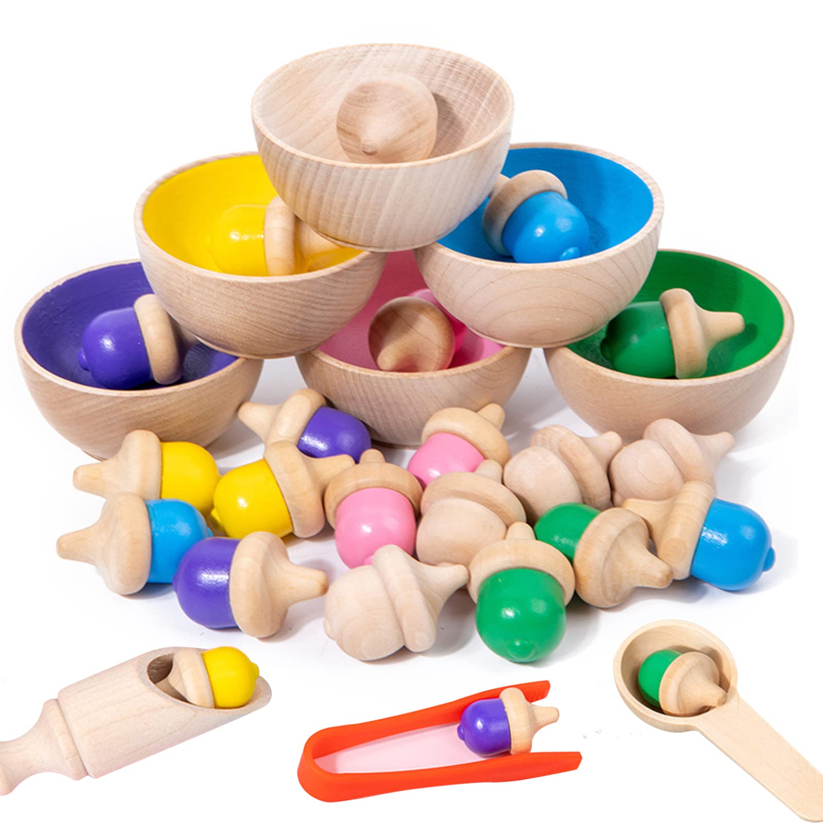 Wooden Acorns Color Sorting & Counting Toys for Toddlers - Montessori Learning Activities with Bowls, Tweezer & Spoon - Educational Color Matching Game for Kids Boys Girls - Perfect for Preschool Classroom, Homeschool & Sensory Play