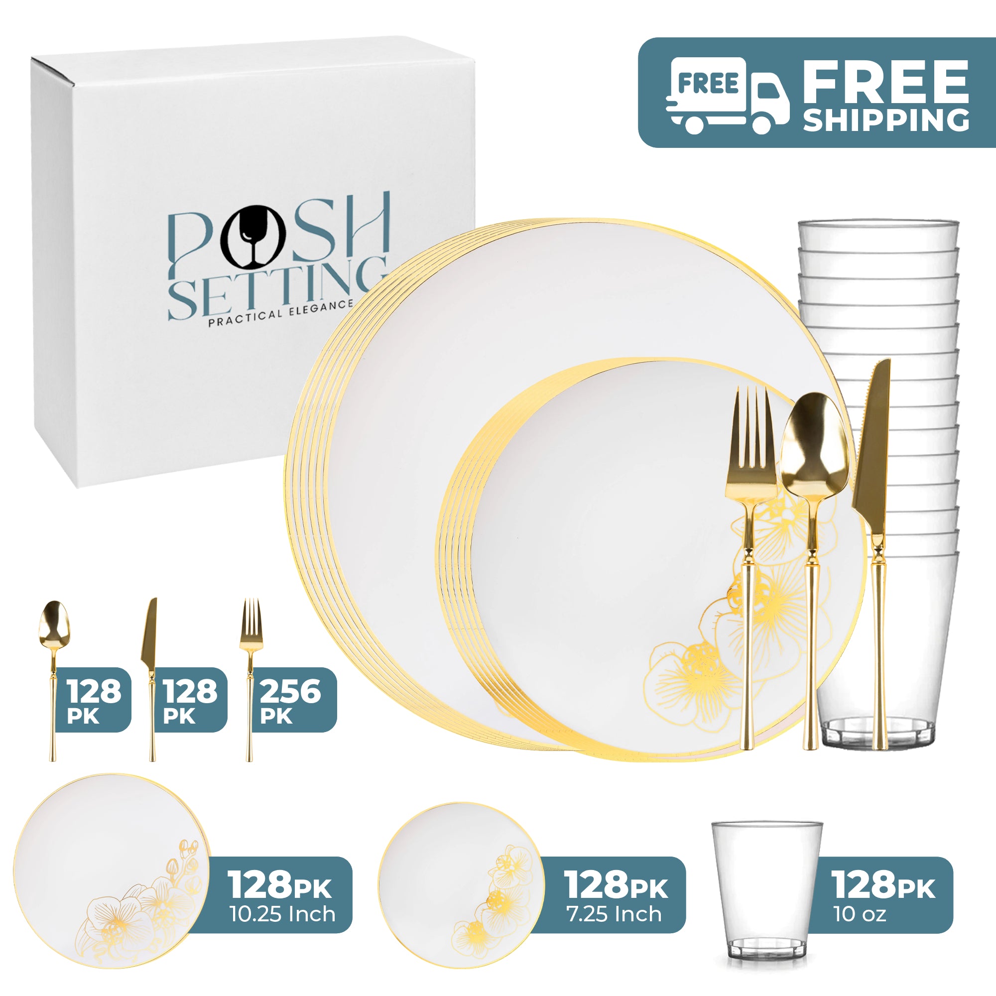 Elegant White and Gold Plastic Party Decorations Bundle - Perfect for Weddings, Birthdays & Special Events | Orchid Themed Celebration Supplies