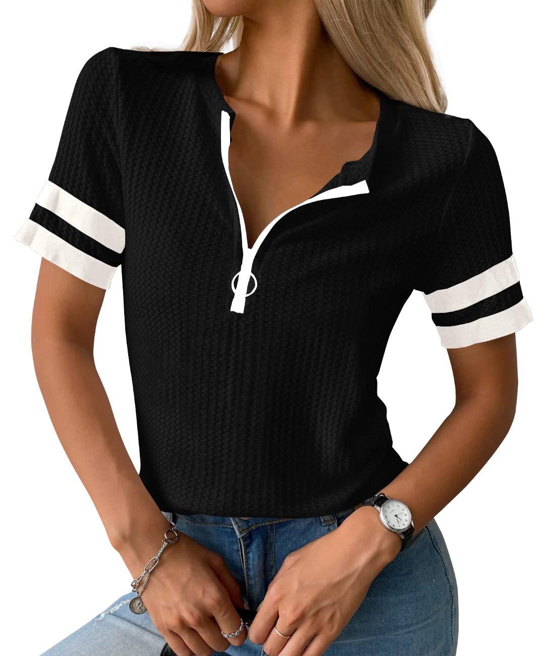 Rolmama Women's Summer Tops - Striped Short Sleeve V-Neck Casual Waffle Knit Tunic Shirt with Zipper | Perfect for Beach Outings, Weekend Brunch & Summer Vacations