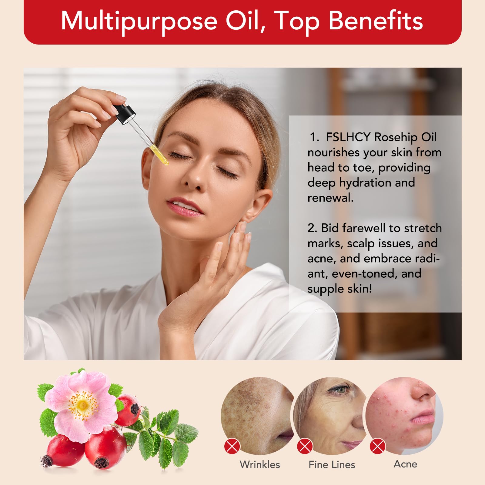 Organic Cold Pressed Rosehip Seed Oil 3.38 oz - 100% Pure & Natural Face Oil for Skin Care, Hair Growth, Gua Sha & Massage | Anti-Aging Moisturizer for Dry Skin, Acne Scars & Wrinkles | Perfect for Night Routine & DIY Beauty Treatments