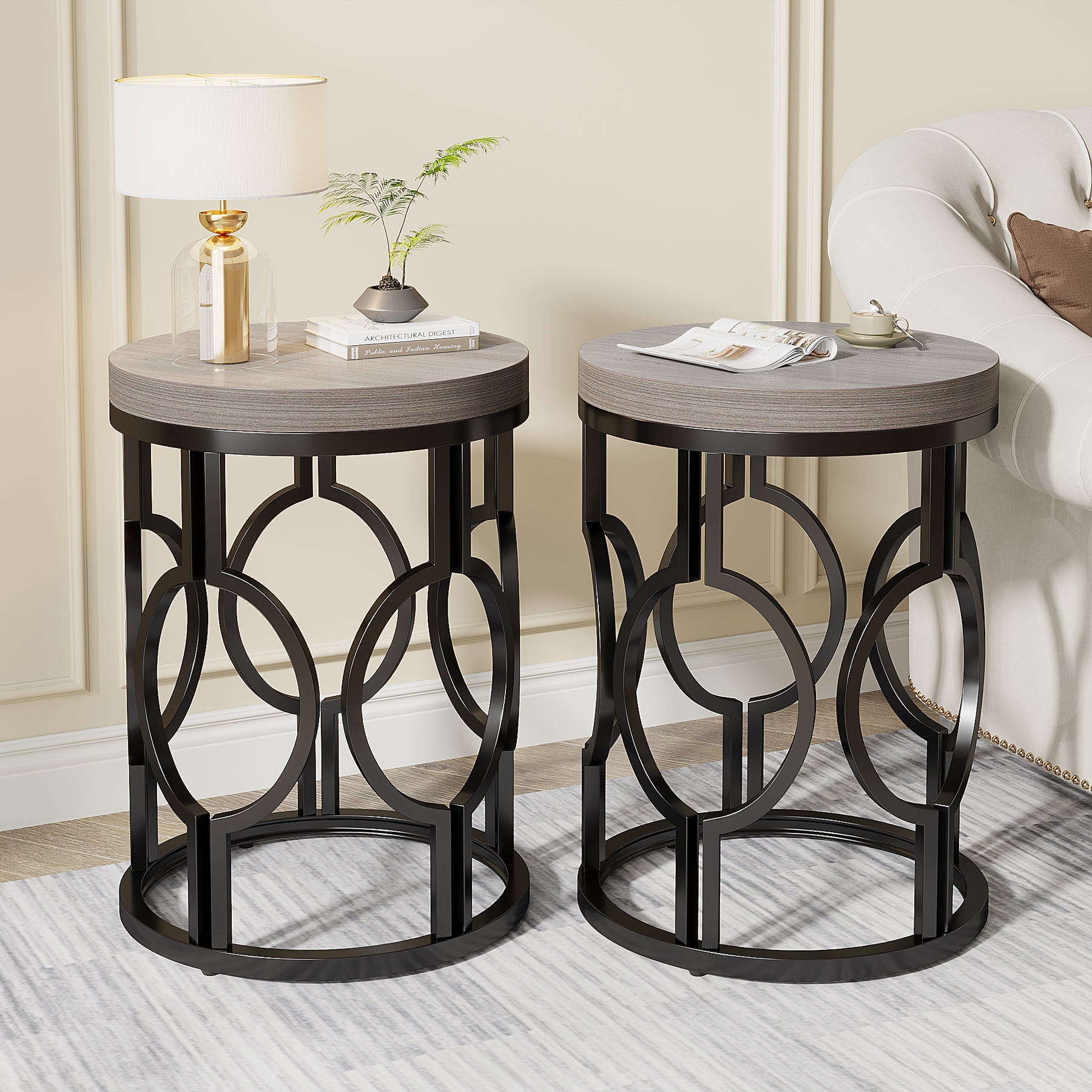 Industrial Round End Table with Metal Hollow Frame - Sturdy Side Table for Living Room, Bedroom, or Office Decor
