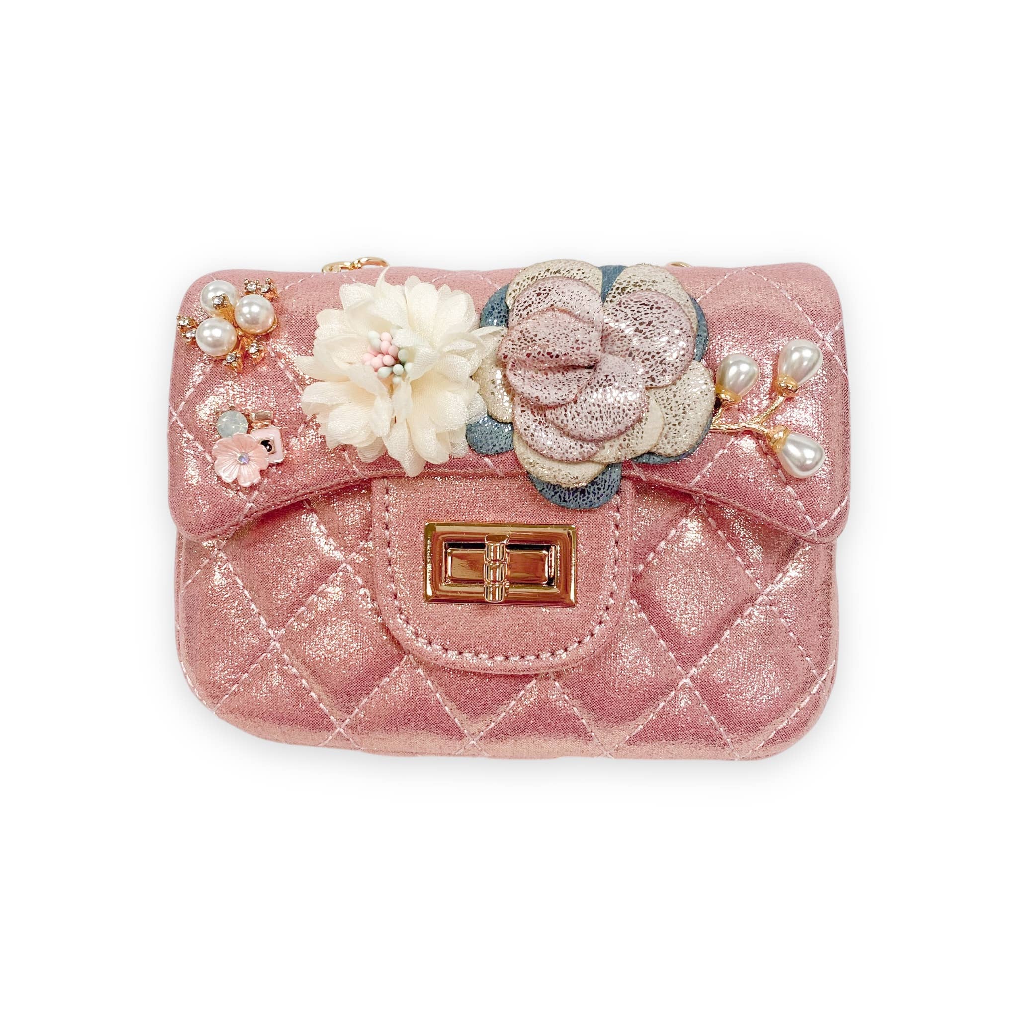 Floral Appliques Shiny Quilted Crossbody Bag for Women | Elegant Bubblegum Pink Handbag | Perfect for Parties, Weddings & Everyday Use