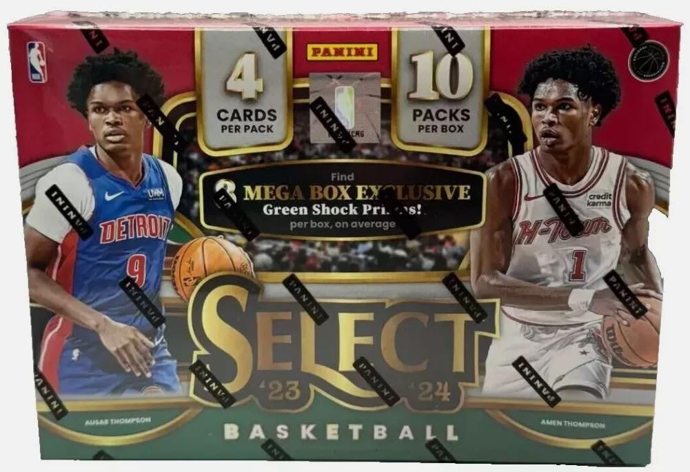 2023-2024 Panini SELECT Basketball Hobby Mega Box - 8 Green Shock Prizms & Wembanyama Rookie Card Chance - Collector's Edition for NBA Fans & Card Enthusiasts - Perfect for Trading, Collecting, and Displaying