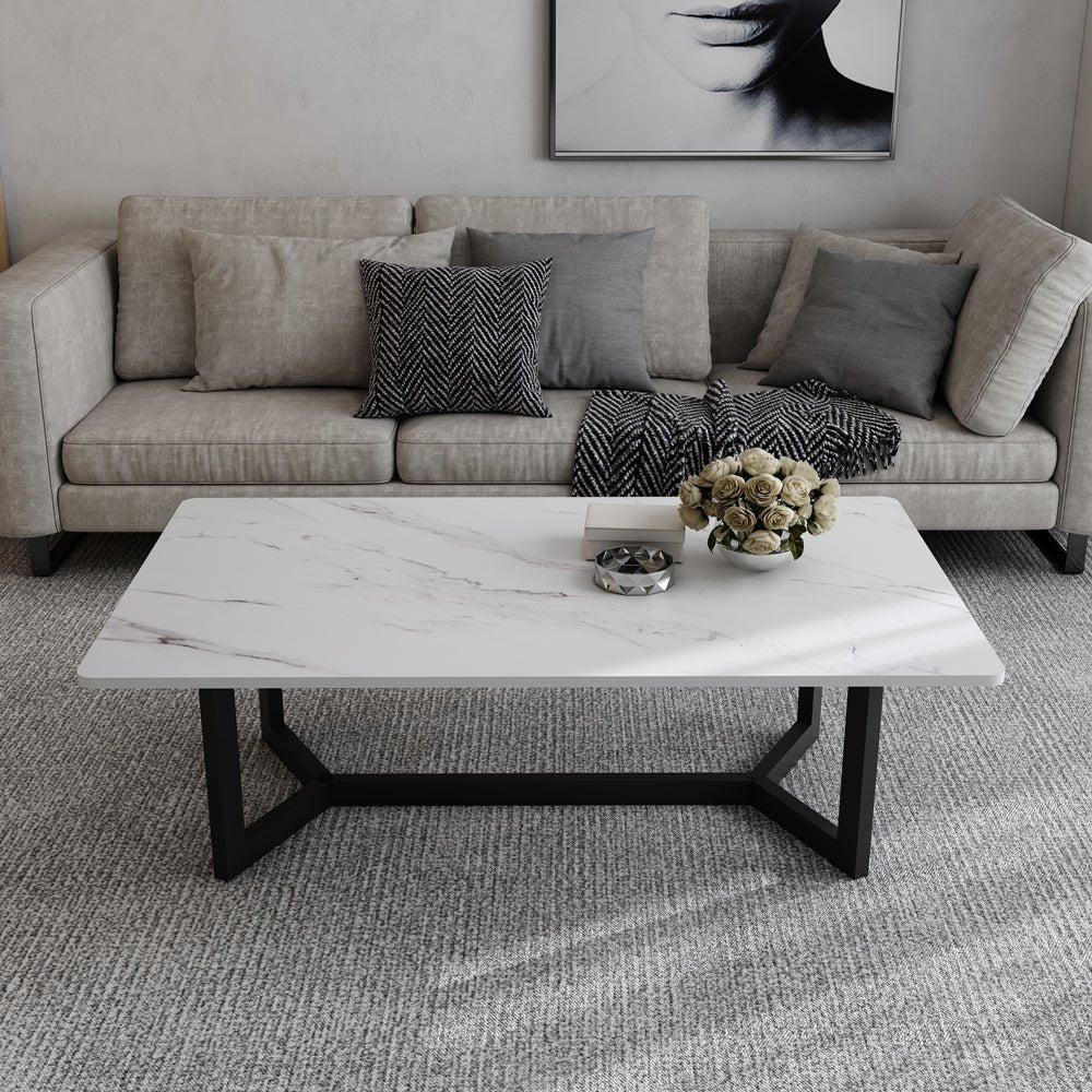 120x60cm Glossy White Minimalist Slate Coffee Table - Modern Marble Tea Table for Living Room, Rectangle Cocktail Side Table with Solid Metal Legs - Perfect for Small Spaces, Apartments & Lounge Decor