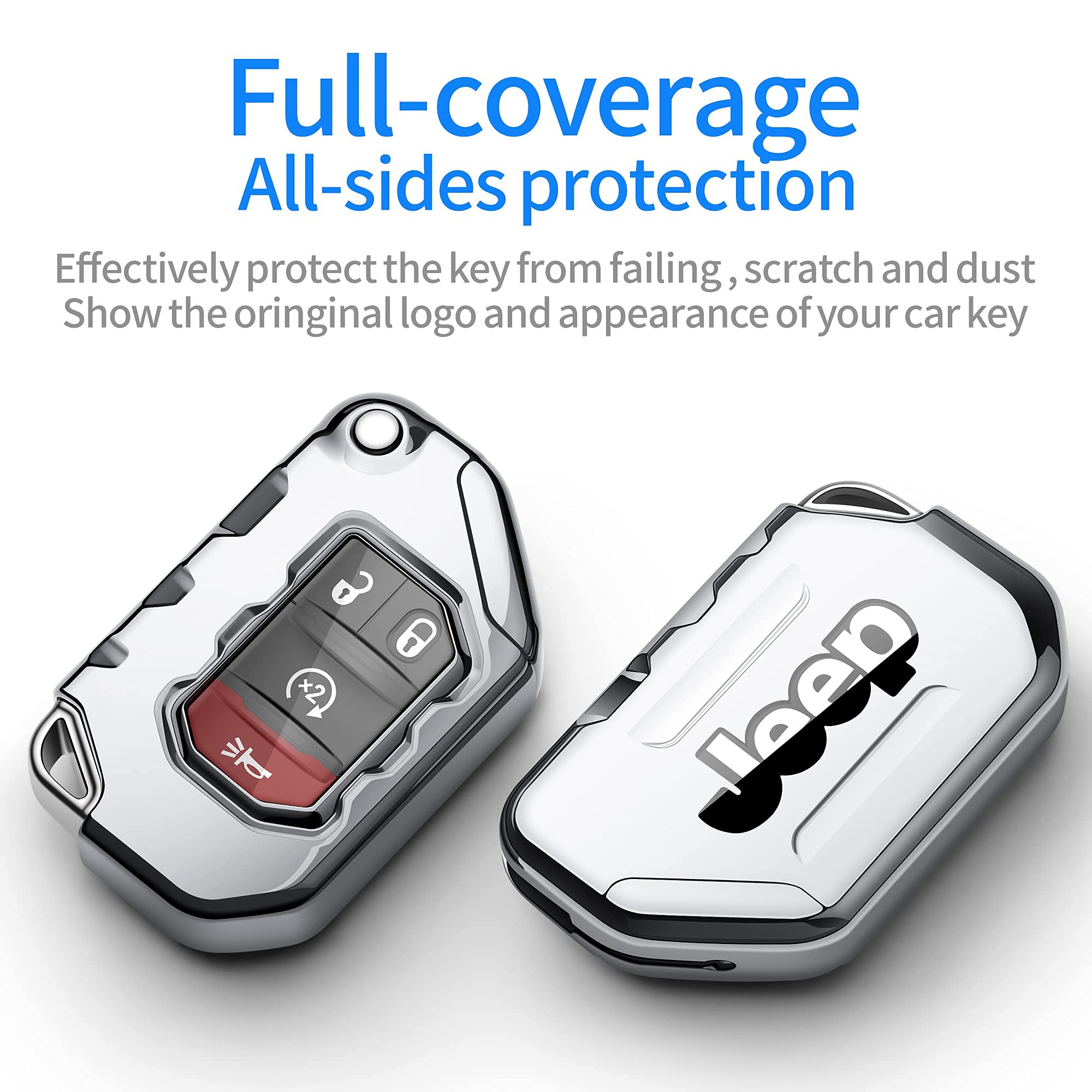Premium Soft Full Protection Key Fob Cover for Jeep Wrangler & Gladiator (2018-2021) - Compatible with JL, JLU, Rubicon, Sahara Models - Durable Key Shell Case (Silver) | Perfect for Off-Road Adventures & Daily Protection