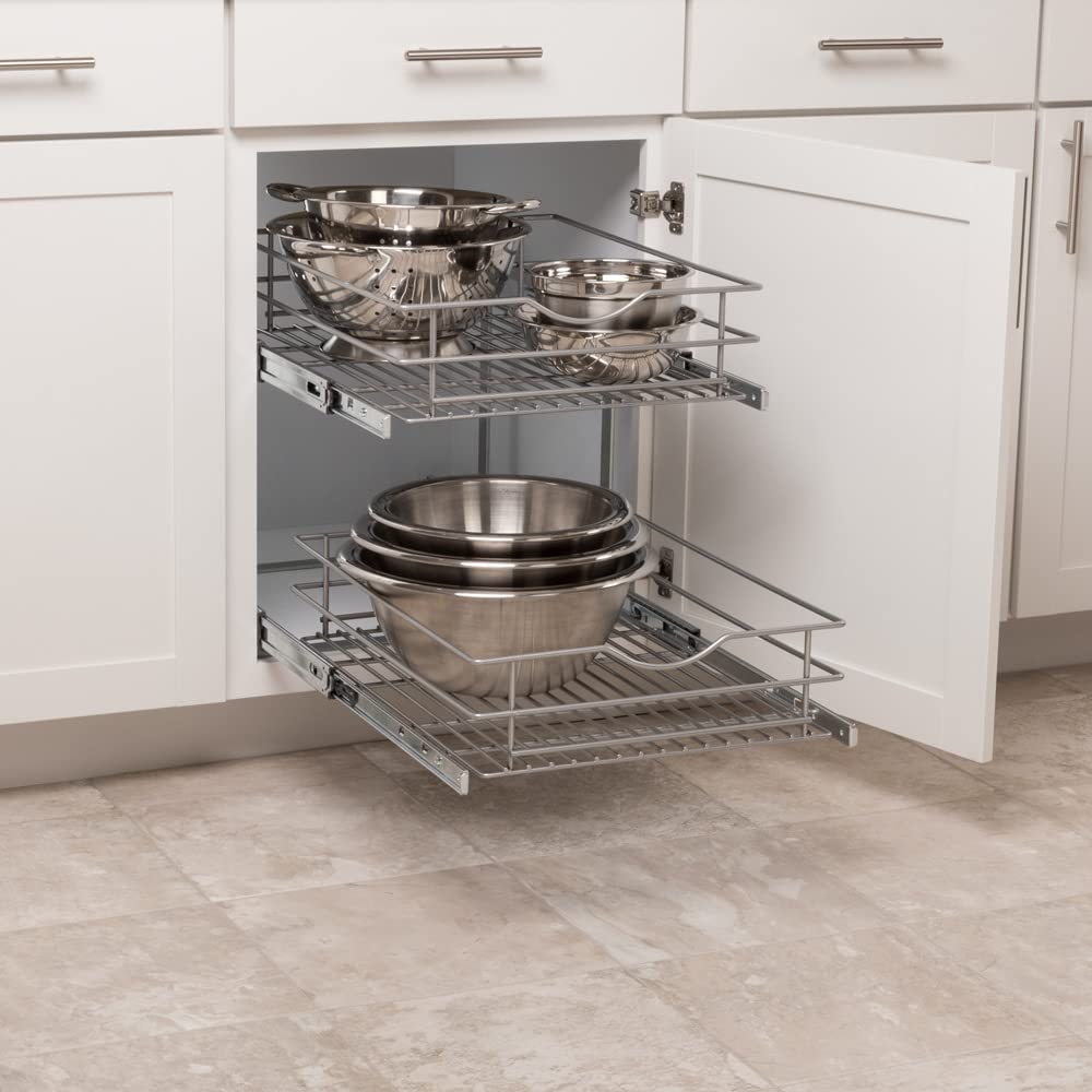 Knape & Vogt 17.5-inch Wide 2-Tier Pull Out Cabinet Basket Organizer - Frosted Nickel Finish for Kitchen, Bathroom & Pantry Storage (14.7-inch Height) | Space-Saving Shelf Solution for Spices, Utensils & Cleaning Supplies