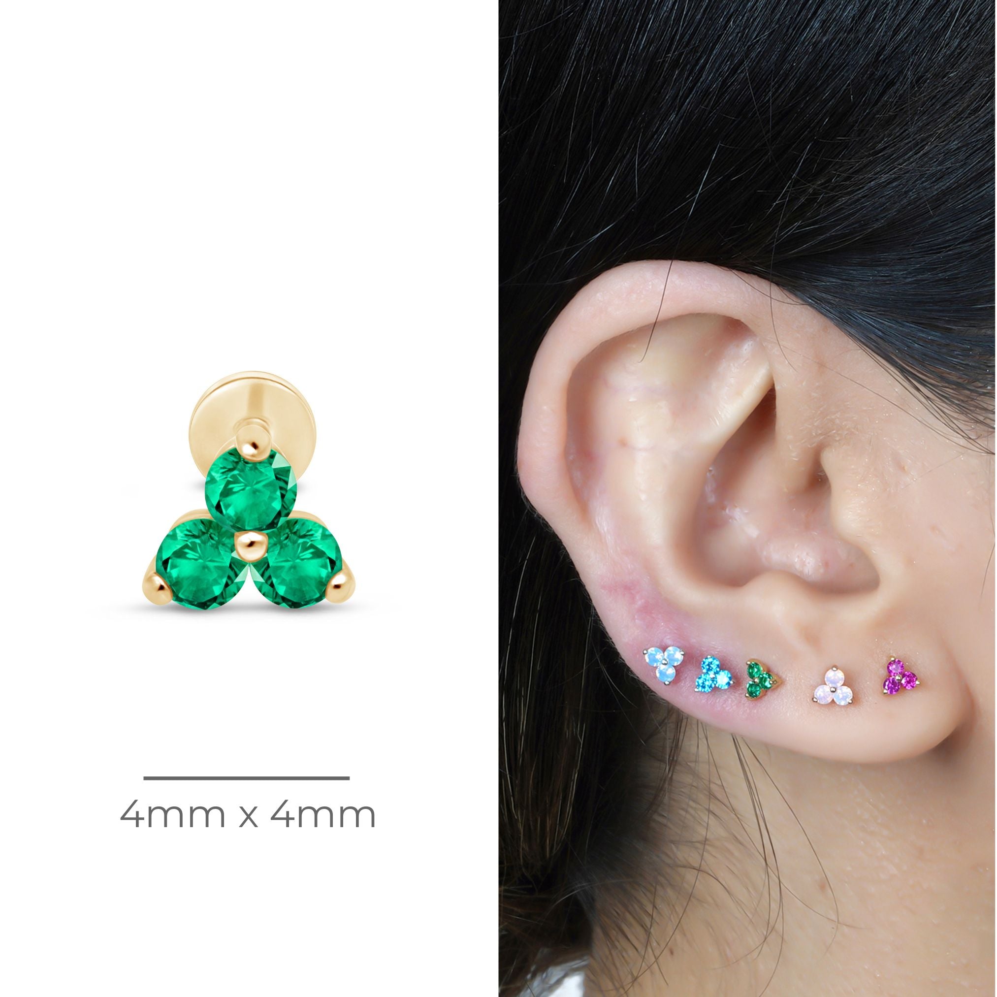 14K Solid Yellow Gold Emerald Trinity Cluster Stud Earrings for Women - Perfect for Weddings, Parties & Special Occasions