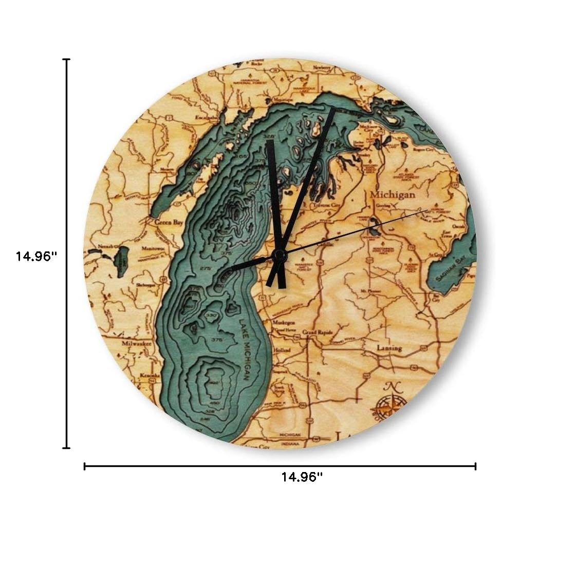 3D Nautical Wood Wall Clock - Lake Michigan Design, Round Wooden Wall Watch for Kitchen, Office, Living Room & Bedroom | Made in USA | Perfect for Home Decor, Gifts & Coastal-Themed Interiors