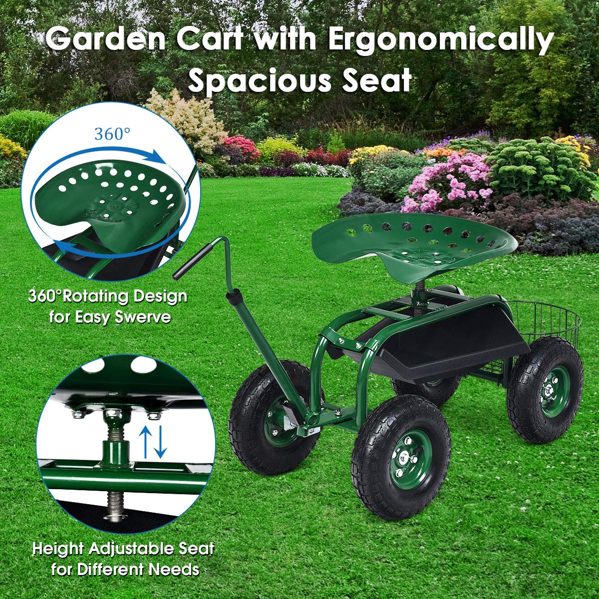 Goplus Rolling Garden Seat with Wheels - 360° Swivel Outdoor Gardening Scooter with Tool Tray & Basket, Adjustable Handle for Lawn Care, Planting & Weeding - Comfortable Garden Stool & Cart for Seniors & Adults (Perfect for Backyard, Flower Beds & Vegetable Gardening)