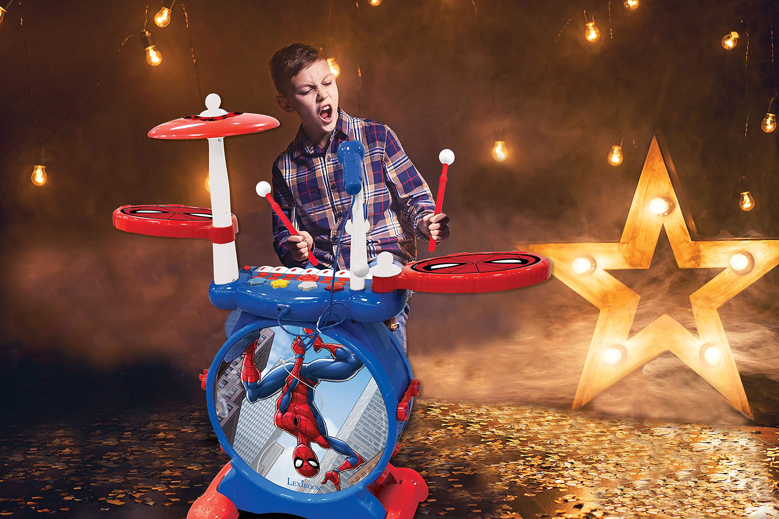 LEXIBOOK K610SP Spider-Man Electronic Music Toy Set for Kids - Interactive Drum & 8-Key Keyboard with Realistic Sounds, MP3 Plug & Included Seat (Blue/Red) - Perfect for Birthday Gifts, Playroom Entertainment & Early Music Education