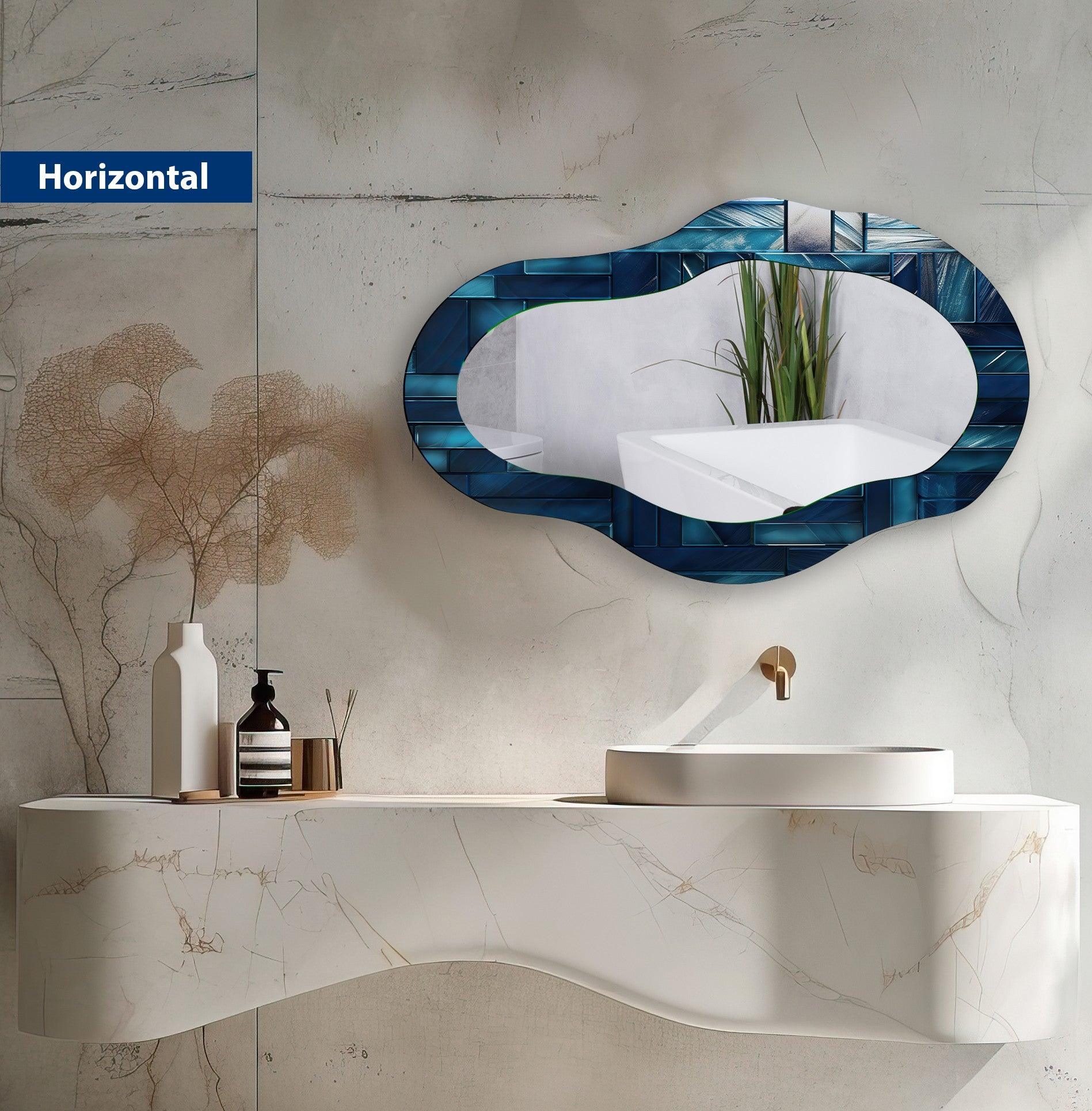 Blue Stained Abstract Asymmetric Wall Mirror - Modern Decorative Mirror for Living Room, Bedroom & Entryway - Unique Handcrafted Home Decor