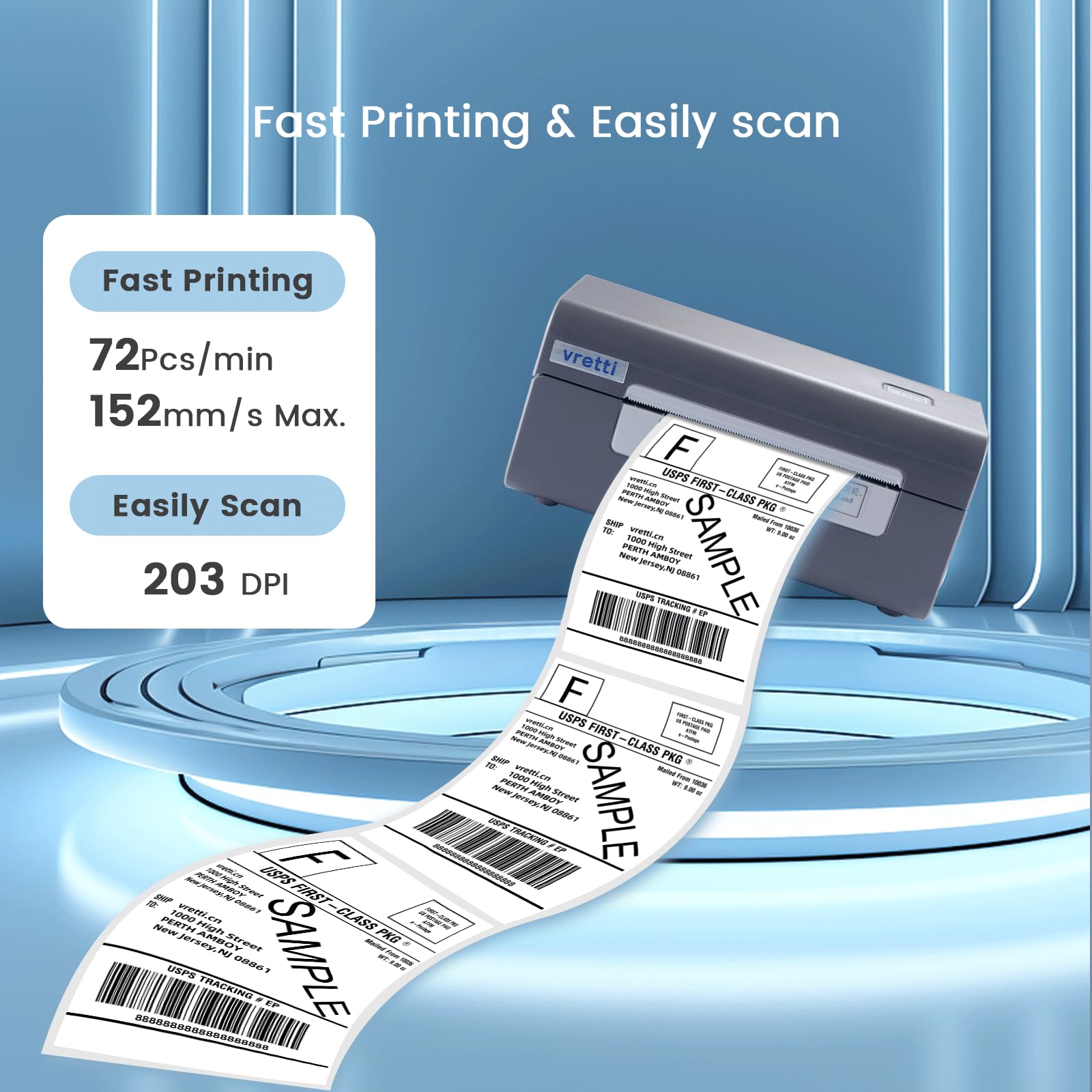 Vretti 4x6 Wireless Bluetooth Thermal Shipping Label Printer - Compatible with Mac, Windows, iOS, Linux - Perfect for Amazon, eBay, Shopify, Etsy & USPS Packages - Ideal for Home Offices, Small Businesses & E-commerce Sellers