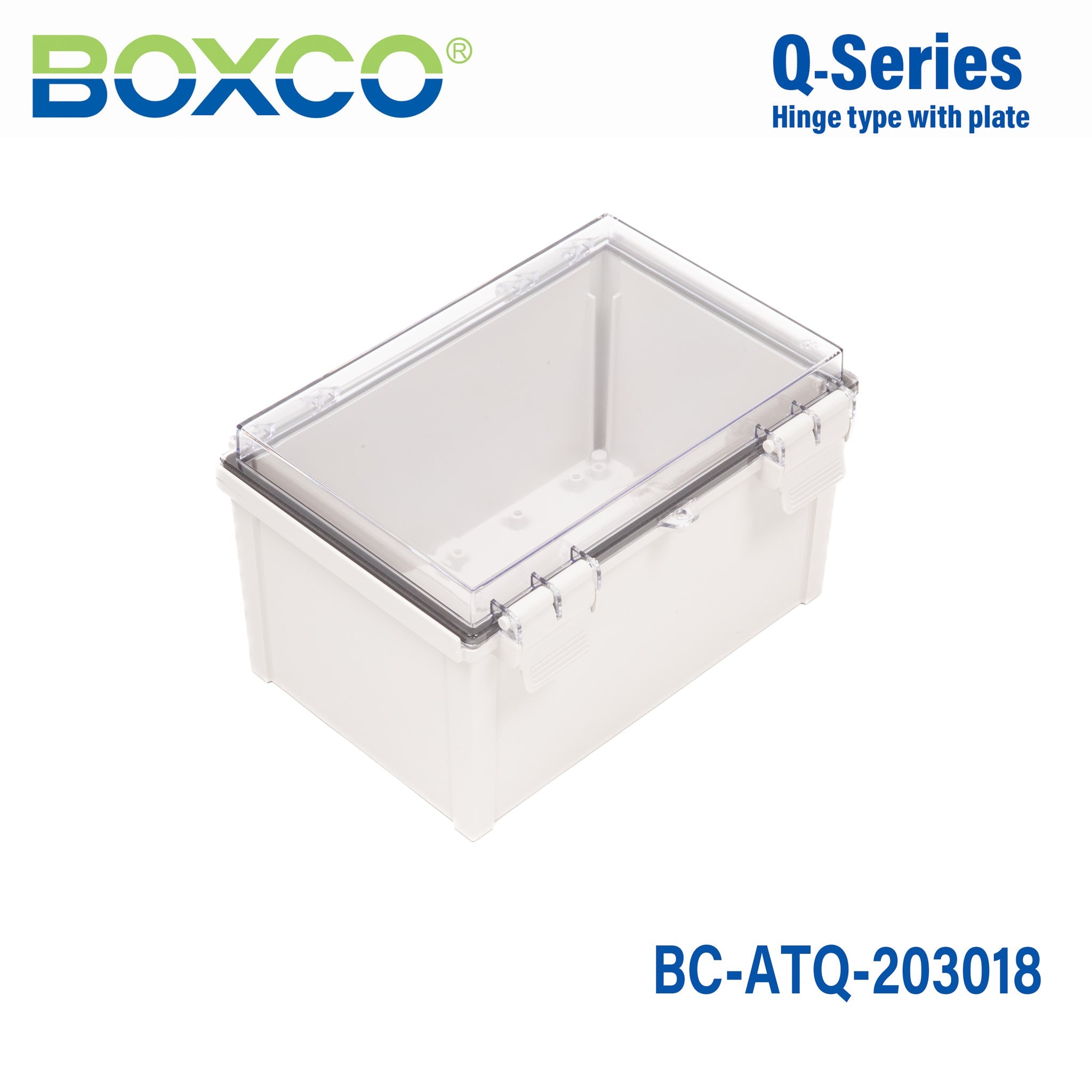 Boxco Q Series 7.87 x 11.81 x 7.09 Inches (200 x 300 x 180mm) Waterproof Plastic Enclosure - IP67 & IK08 Rated ABS Case with Transparent Cover, Hinged Design & Secure Latch - Ideal for Outdoor Electronics, Industrial Equipment & DIY Projects