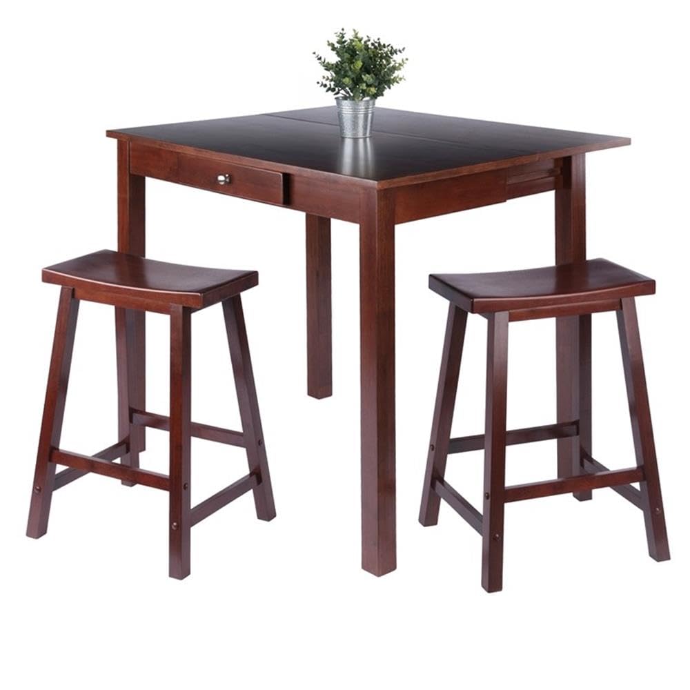 Winsome Wood Perrone 3-Piece High Table Set with Drop Leaf Table & 2 Saddle Stools - Perfect for Small Spaces, Breakfast Nooks & Kitchen Dining