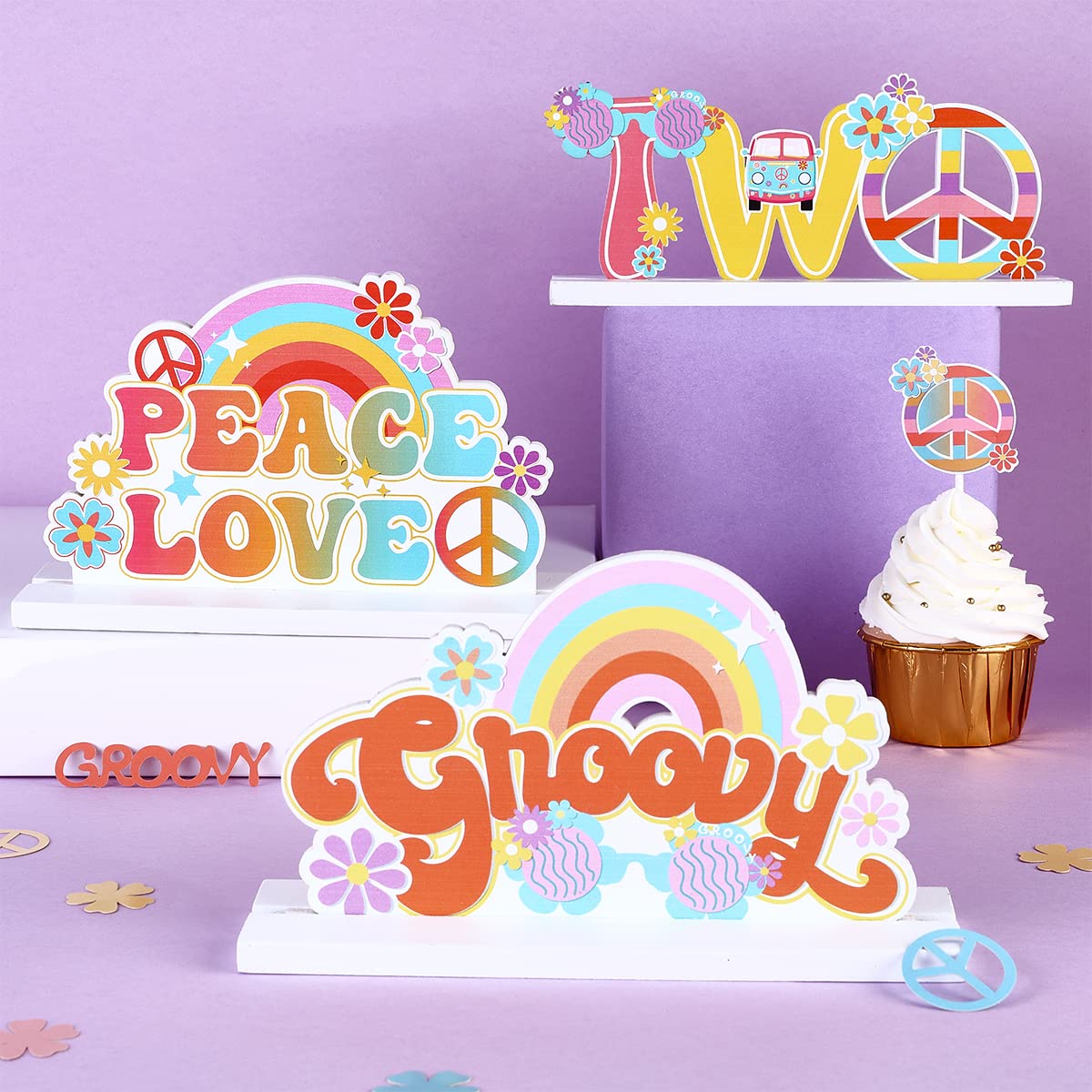 Bohemian Rainbow Wooden Letter Sign - 2-Piece Party Decor Set for Girls Birthday, Baby Shower & Nursery Room Decor (3PCS)