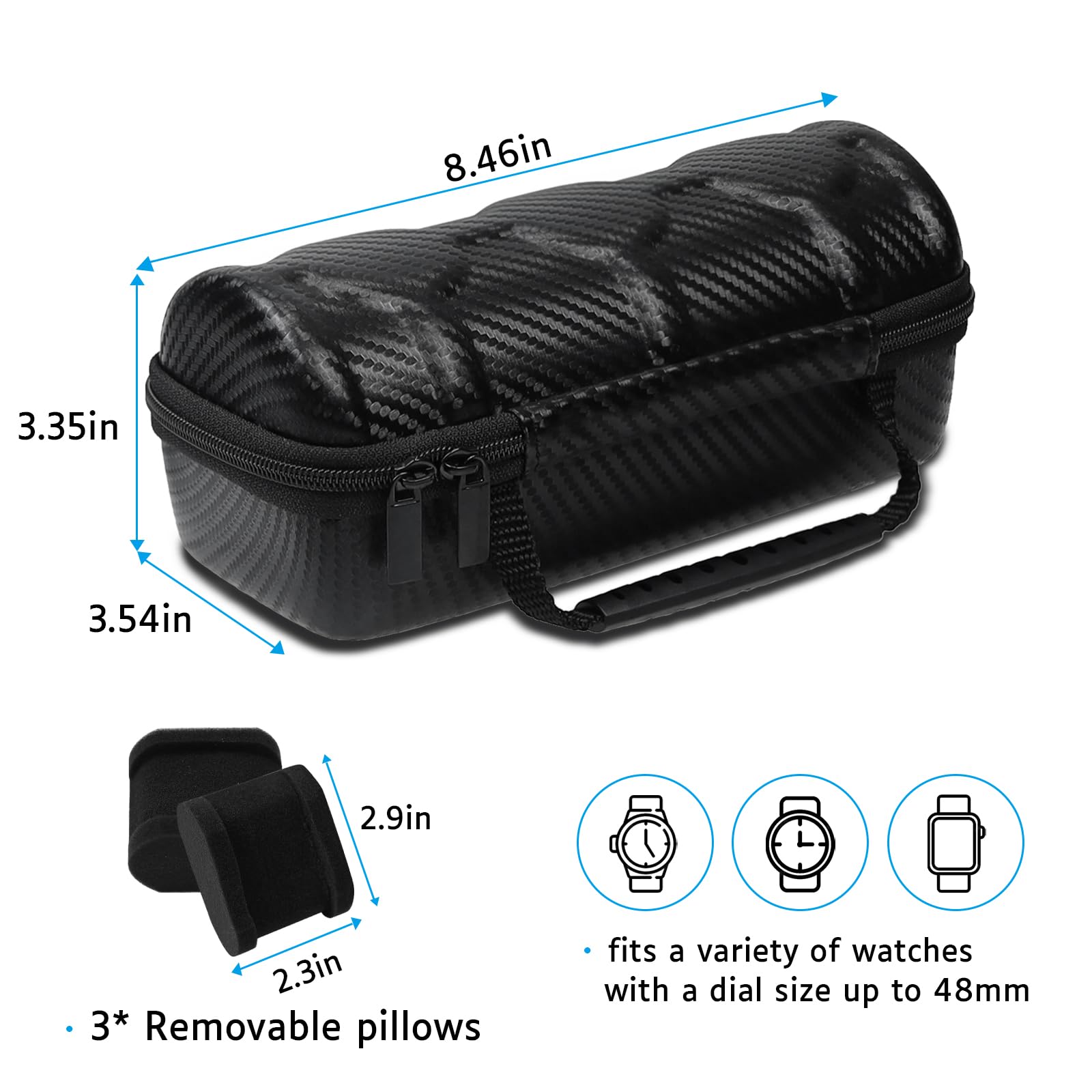 Premium 3-Slot Watch Travel Case for Men - Hard Watch Storage Box with Removable Shockproof Watch Pillows (Black) | Perfect for Business Trips, Vacations & Watch Collection Organization