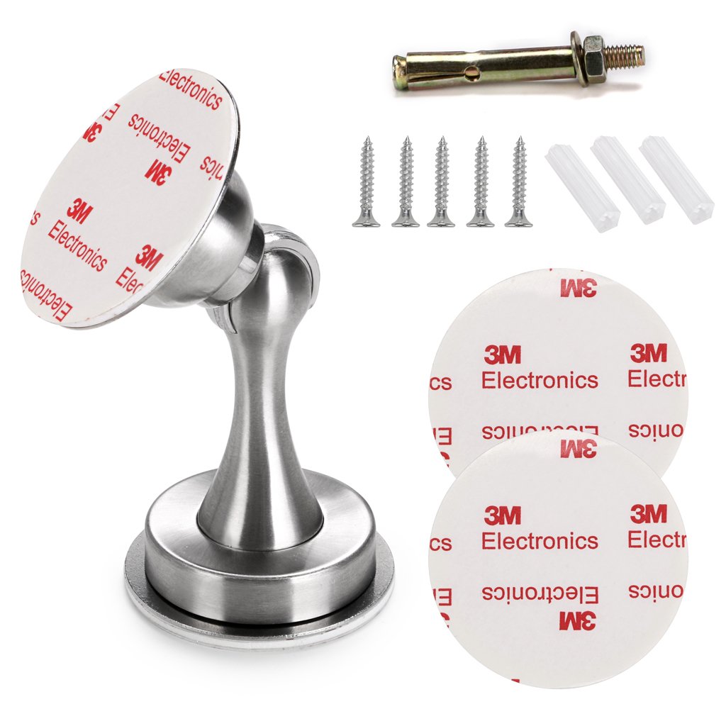 Premium Sumnacon Magnetic Door Stopper - Heavy Duty Stainless Steel Door Stop with 3M Adhesive & Screws for Wall/Floor Installation (Silver) - Perfect for Homes, Offices, and Commercial Spaces
