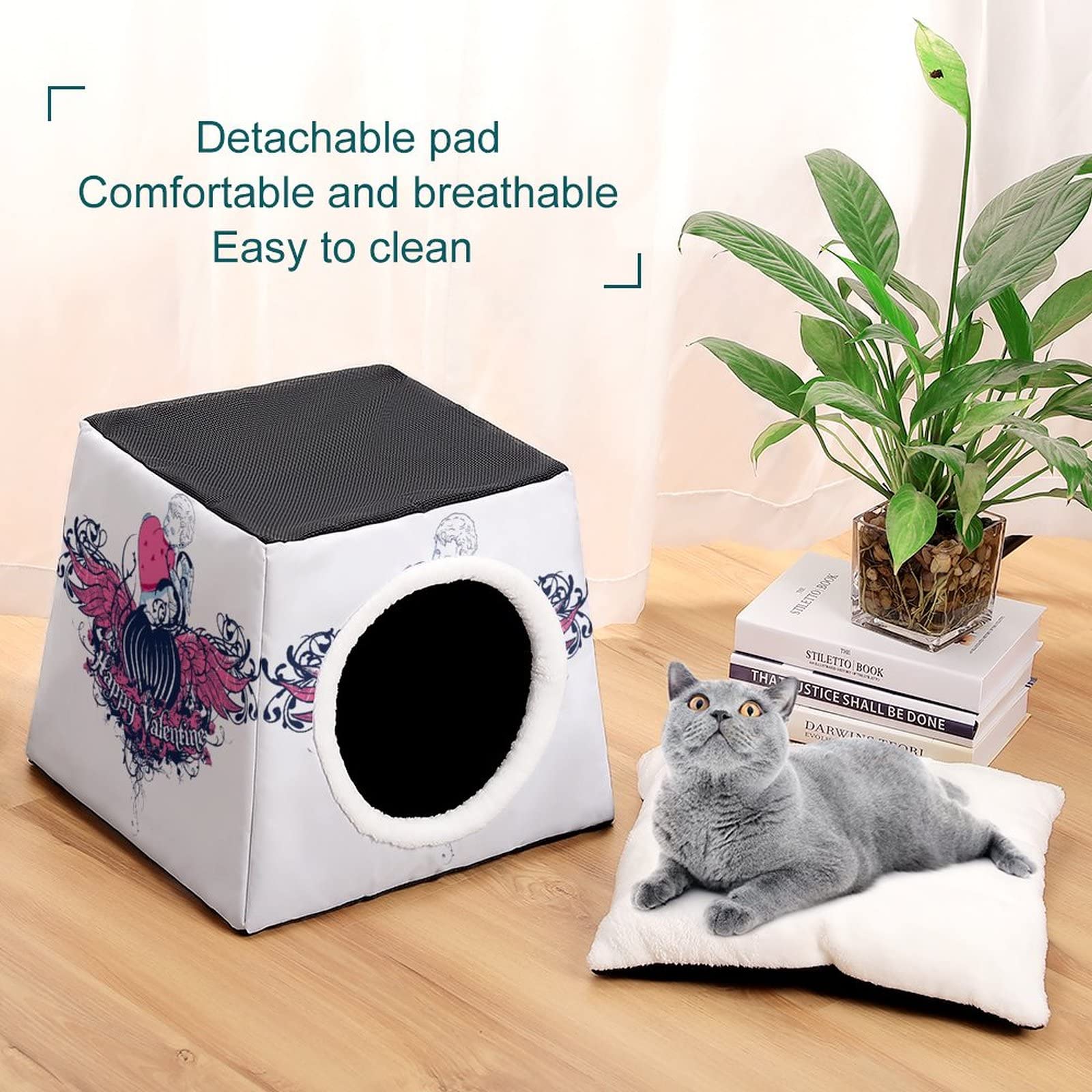 Printed Foldable Cat Bed House & Condo Sofa with Removable Washable Cushion - Cozy Pet Furniture for Indoor Cats, Perfect for Valentine's Day Gifts & Angel-Themed Decor