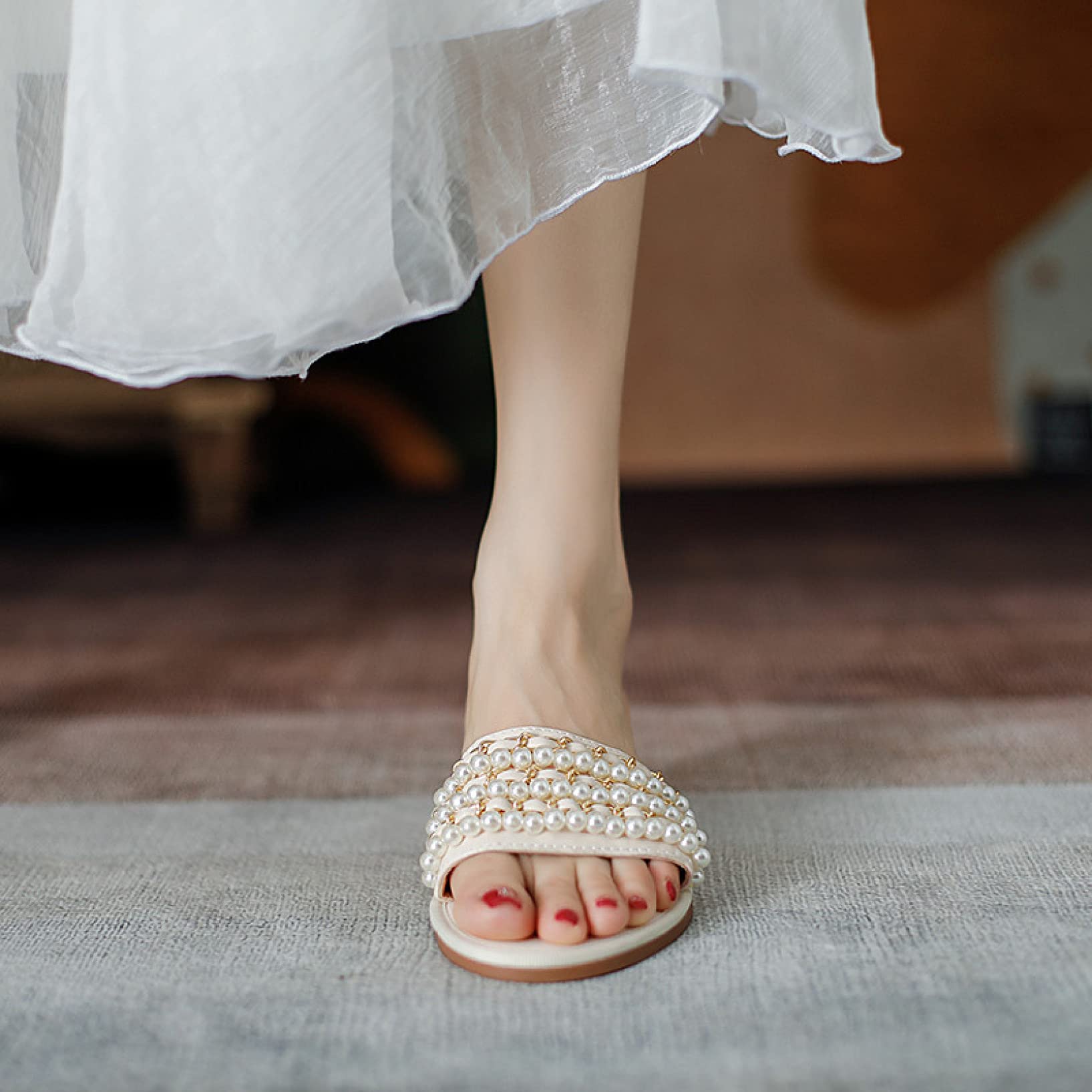 Women's Comfortable Pearl Beaded Flat Slide Sandals - Open Toe Single Band Summer Slippers for Beach, Poolside & Casual Wear