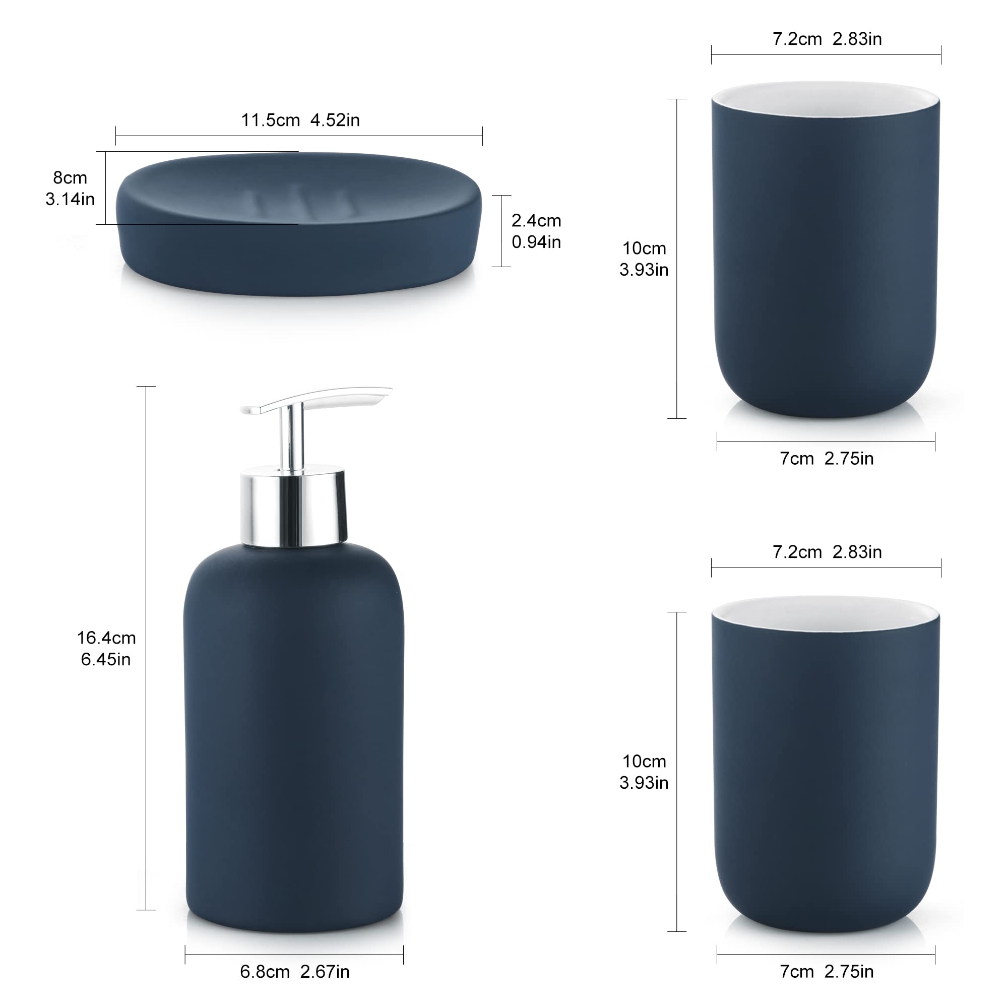 Premium 4-Piece Ceramic Bathroom Accessory Set - Soap Dispenser Pump, Tumbler & Soap Dish in Blue | Modern Vanity Decor for Guest Bathrooms & Master Suites