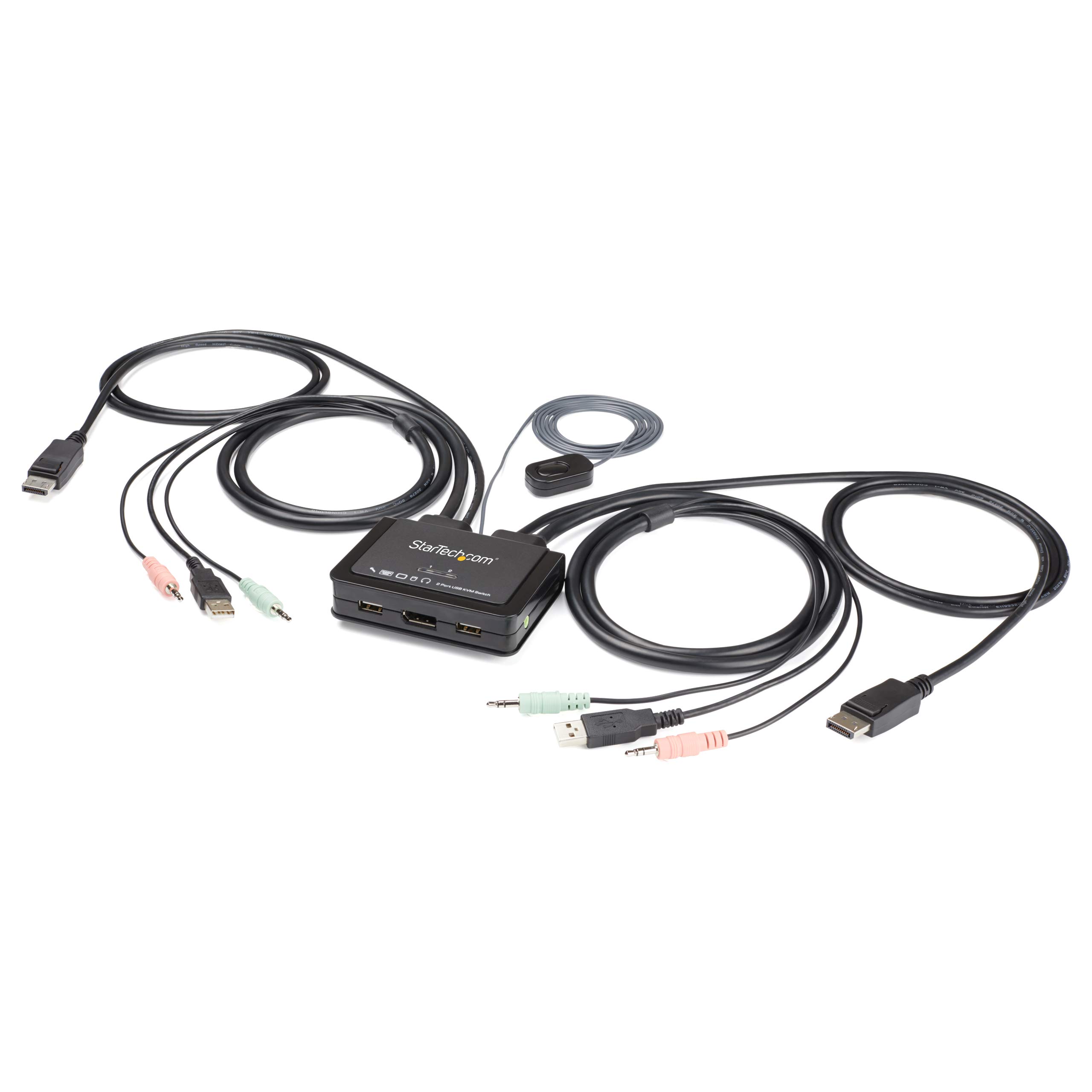 StarTech.com 2-Port DisplayPort KVM Switch - 4K 60Hz UHD DP 1.2 USB Desktop KVM with 4ft Cables & Audio Support - Bus-Powered & Remote Switching - Compatible with MacBook, ThinkPad & Windows PCs (SV211DPUA4K) - Perfect for Home Office & Multi-Computer Workspaces