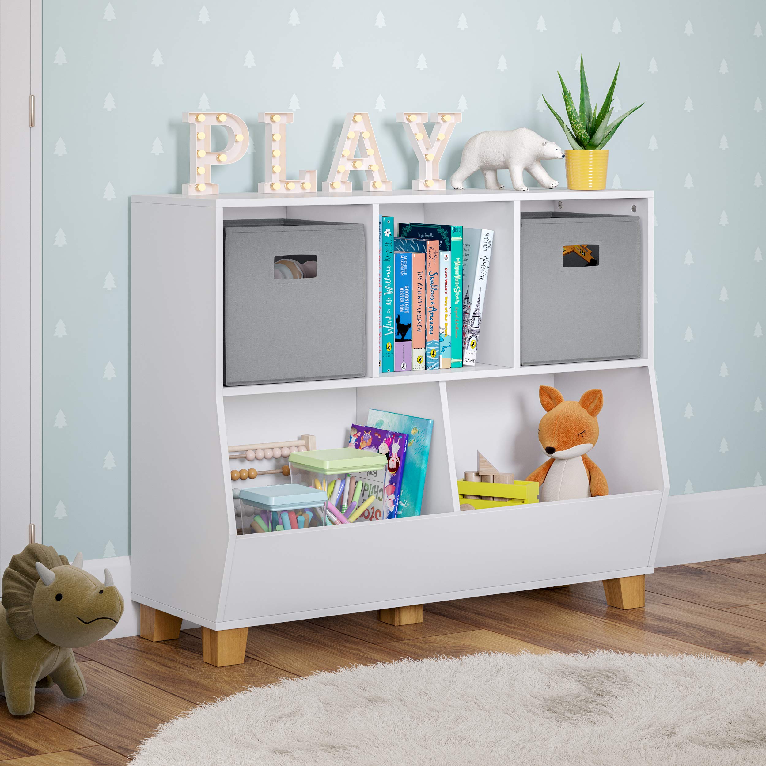 RiverRidge 35-Inch Wide Kids Toy Storage Organizer with 3 Cubbies & 2 Fabric Bins - White & Gray Toy Organizer for Bedroom, Playroom & Nursery - Perfect for Storing Toys, Books & Kids Room Decor