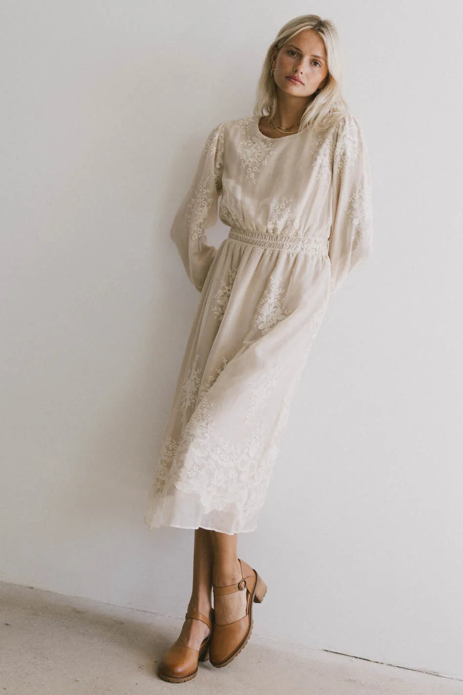 Andee Embroidered Midi Dress in Champagne - Floral Lace Summer Wedding Guest Dress for Women, Perfect for Garden Parties & Formal Events - FINAL SALE