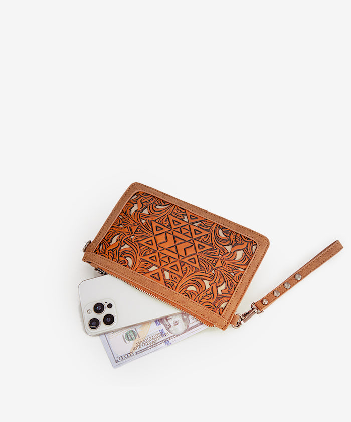 Trinity Ranch Aztec Tooled Leather Wristlet - Stylish Crossbody Wallet for Women | Perfect for Shopping, Travel & Everyday Use