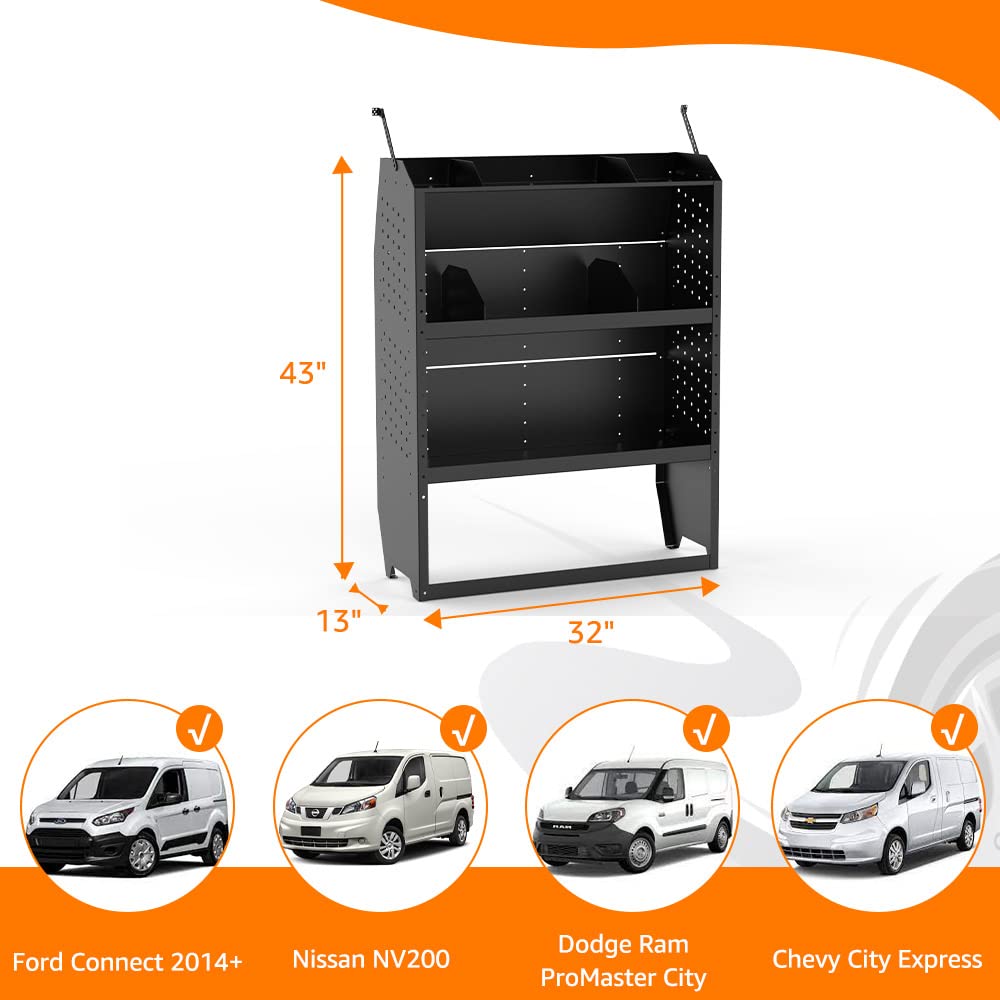 MELIPRON Heavy Duty Steel Cargo Van Shelving Storage System - Universal Fit for NV200, Transit Connect 2014+, Chevy City Express & Promaster City - Includes S-Shaped Hooks (32