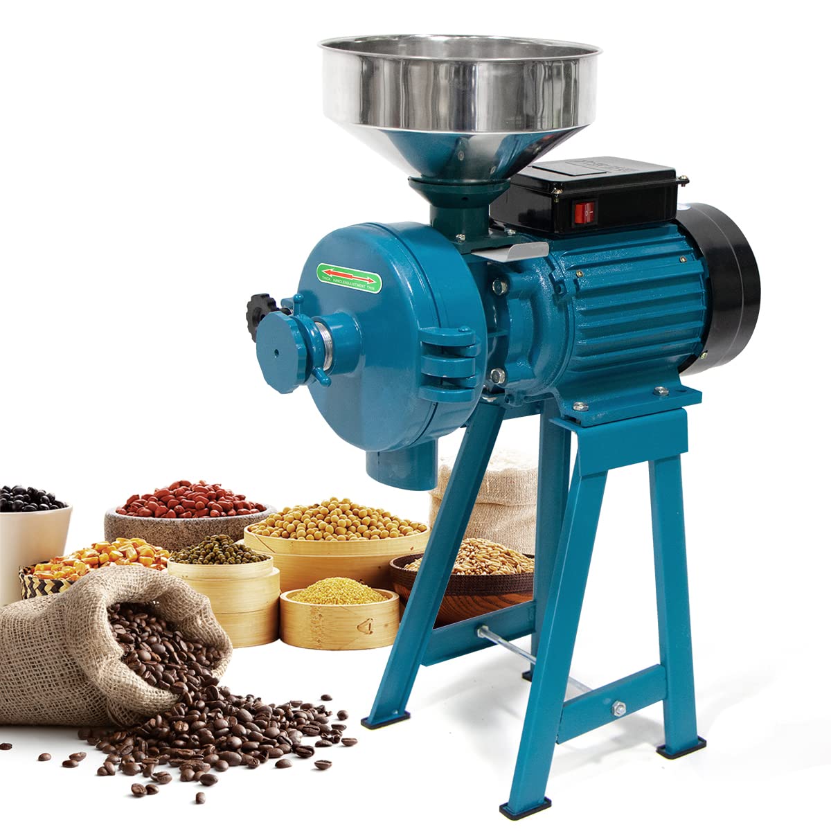 3000W Electric Grain Mill Grinder - Wet & Dry Corn, Coffee, Wheat, Cereals Grinding Machine with Funnel for Home & Commercial Use - Perfect for Baking, Brewing, and Animal Feed Preparation