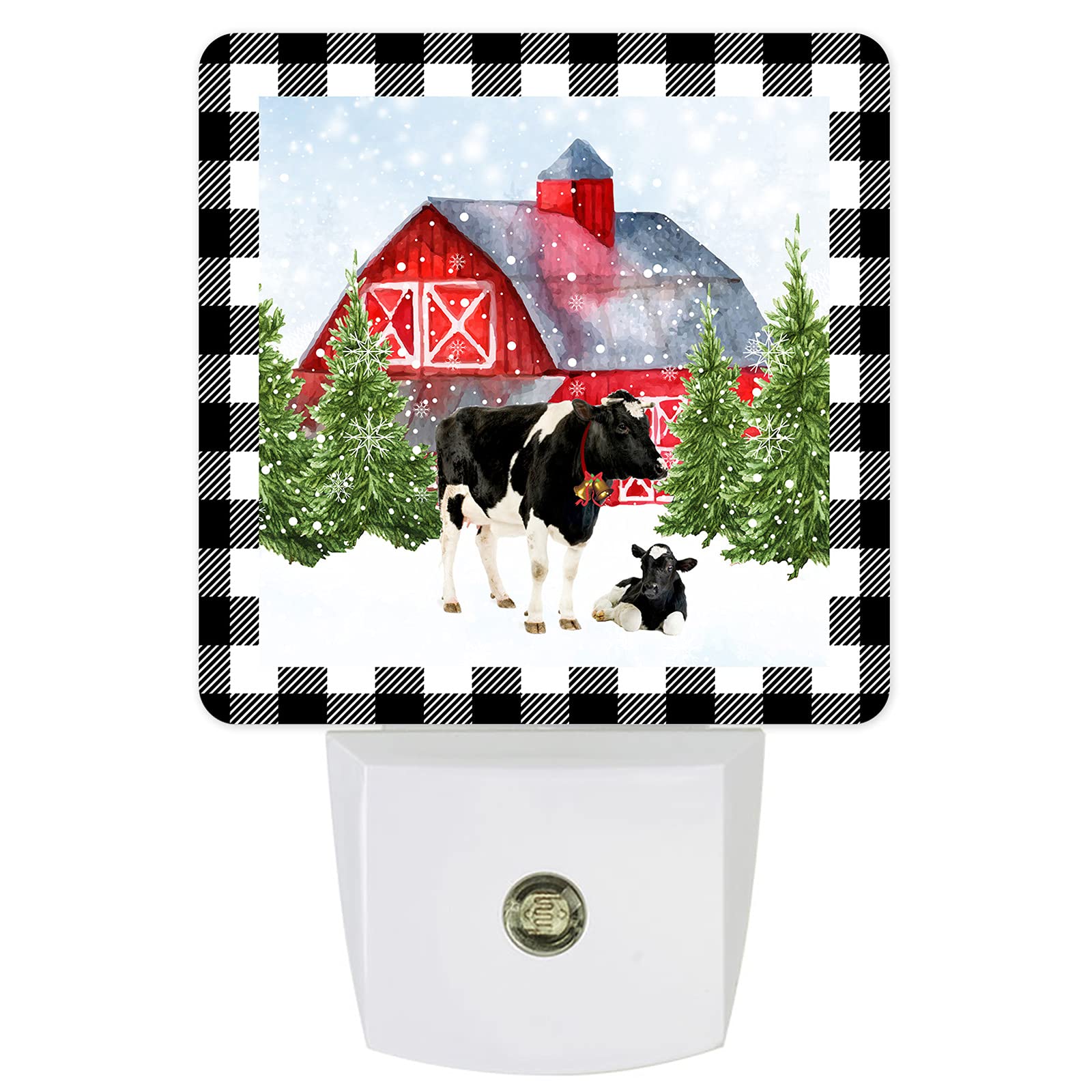 LED Night Light Plug in with Auto Sensor - Cow Print Buffalo Plaid Square Night Lamp for Kids, Bedroom, Bathroom & Hallway - Perfect for Nursery Decor, Christmas Gifts & Farmhouse Style Home Lighting