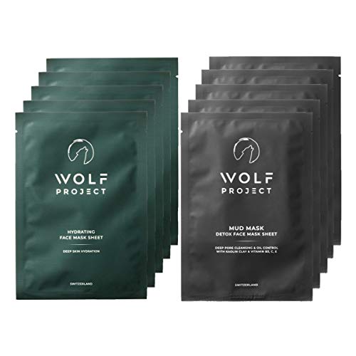 Wolf Project Advanced Skincare Face Mask Set - Hydrating Charcoal Sheet Mask & Pore Minimizing Mud Mask for Men & Women | Best for Acne, Oily & Sensitive Skin | Perfect for Spa Night & Self-Care Routine