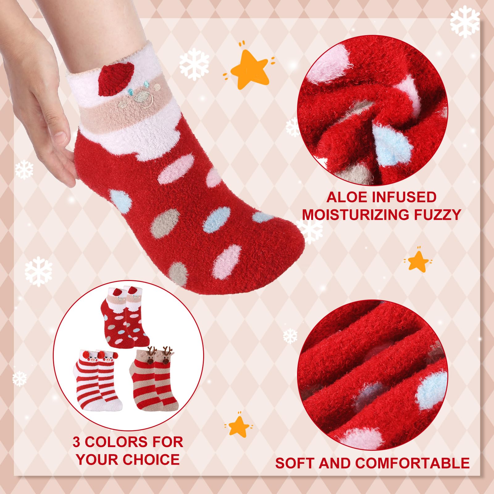 Aloe Vera Infused Ultra Moisturizing Christmas Socks - 3 Pairs Fuzzy Holiday Socks with Colorful Patterns for Women & Men | Perfect for Spa, Gift Giving & Winter Foot Care