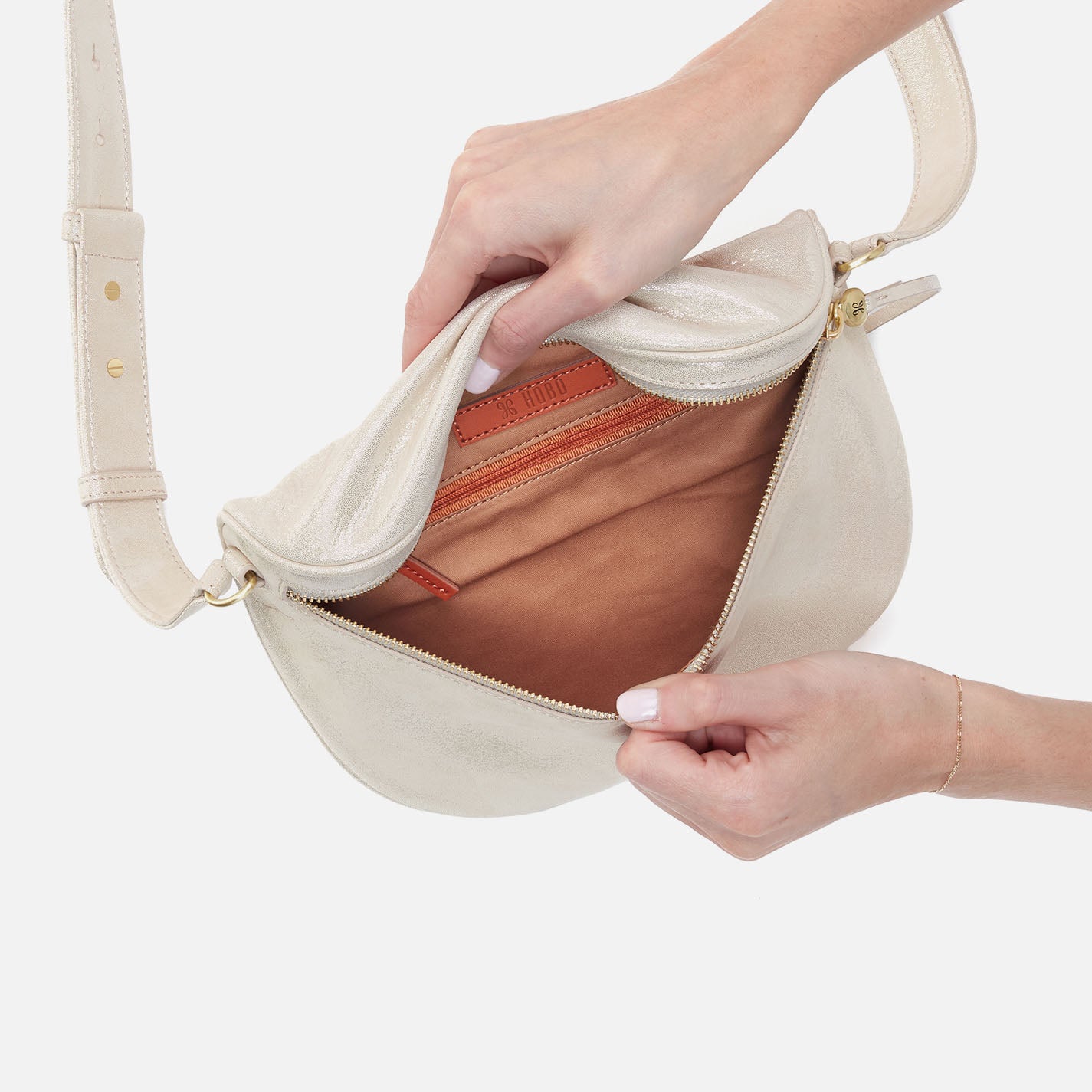 Juno Belt Bag in Metallic Leather - Sand Shimmer | Stylish Crossbody Fanny Pack for Women | Perfect for Travel, Concerts & Everyday Use