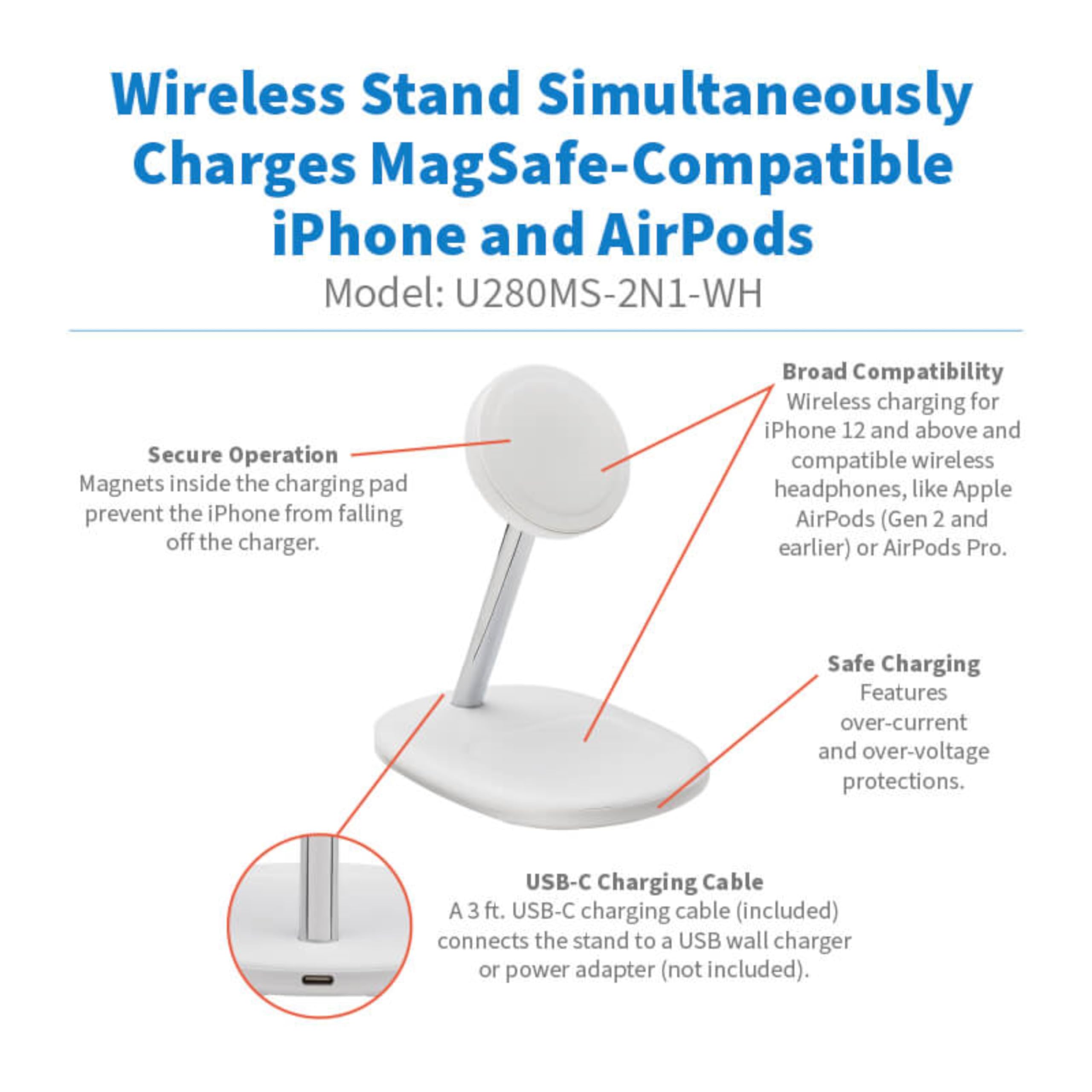 Eaton Tripp Lite 20W Magnetic Wireless Charger Stand - MFi Certified MagSafe Charging for iPhone 14/13/12 & AirPods - Adjustable Phone Stand with 3ft Cable - White (U280MS-2N1-WH) | Perfect for Office, Bedside & Travel Charging