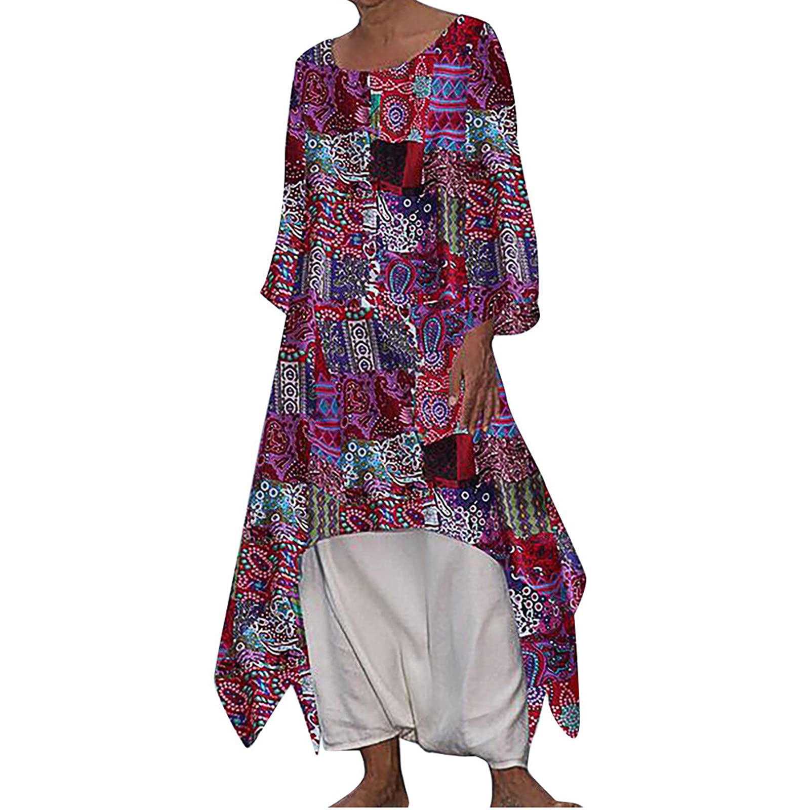 Plus Size Women's Long Sleeve Floral Maxi Dress - Loose Fit Bohemian Caftan for Beach, Vacation & Casual Wear | Oversized Flowy Dress for Summer Outings & Special Occasions