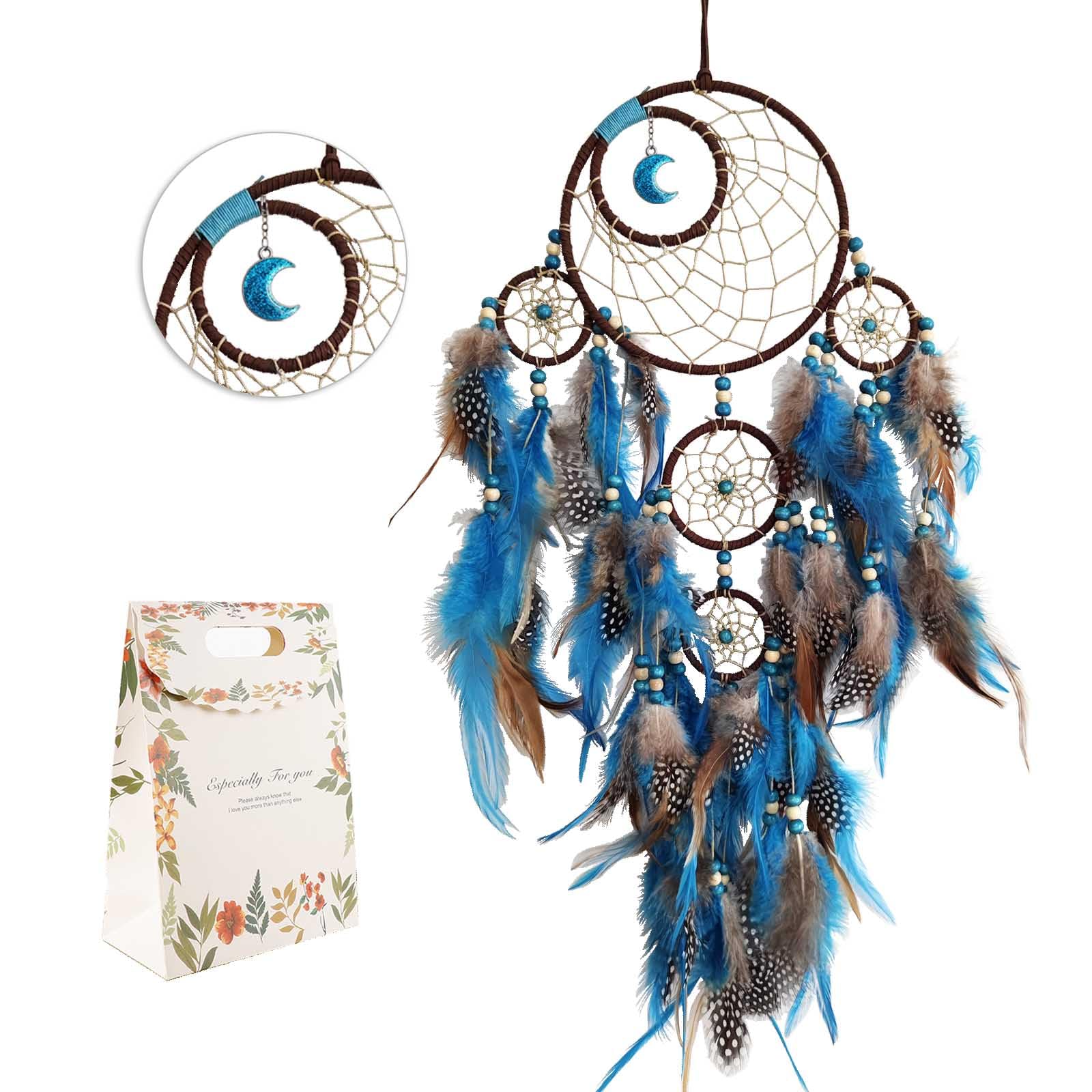 Blue Moon Dream Catchers - Handmade Native American Wall Hanging for Girls, Adults & Kids Bedroom Decor | Large Boho Dreamcatcher with Beads & Feathers | Perfect Spiritual Gift for Birthdays, Baby Showers & Home Decoration