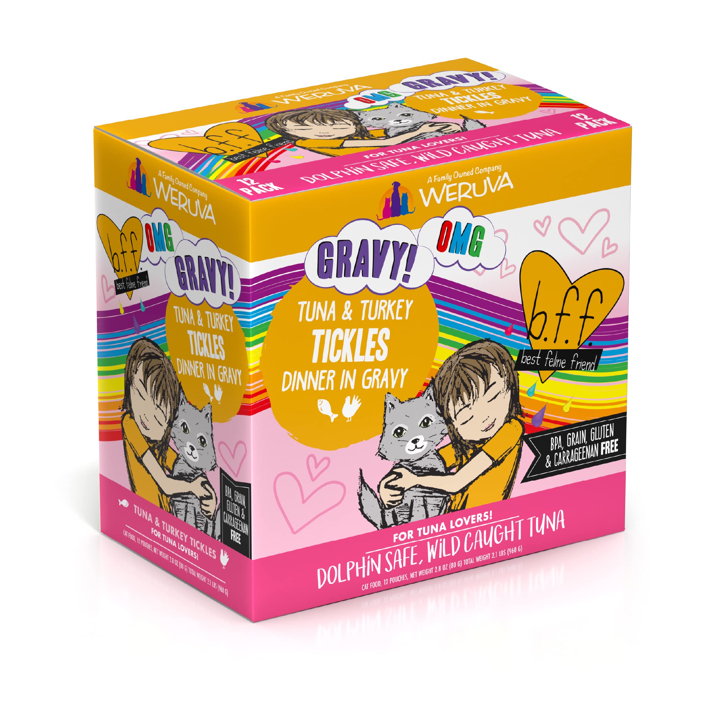 Weruva B.F.F. OMG Best Feline Friend Oh My Gravy! Tuna & Turkey in Gravy Cat Food - Grain-Free, High Protein Wet Cat Food for Adult Cats, 3oz Pouch (Pack of 12) - Perfect for Mealtime, Travel & Treats