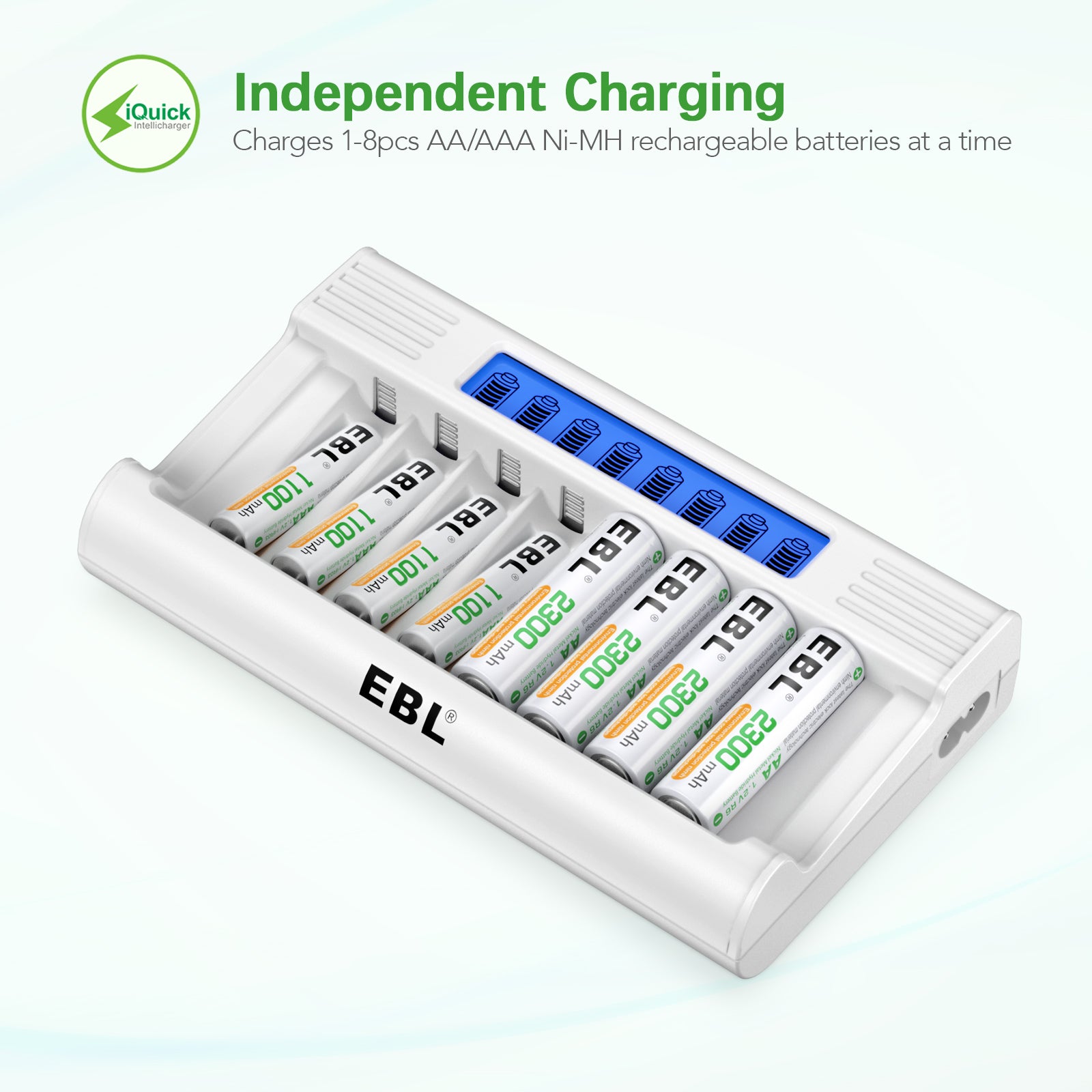EBL 8-Pack 2300mAh Rechargeable AA Batteries with RM76 8-Bay Fast Charger - Perfect for Digital Cameras, Game Controllers & Home Electronics