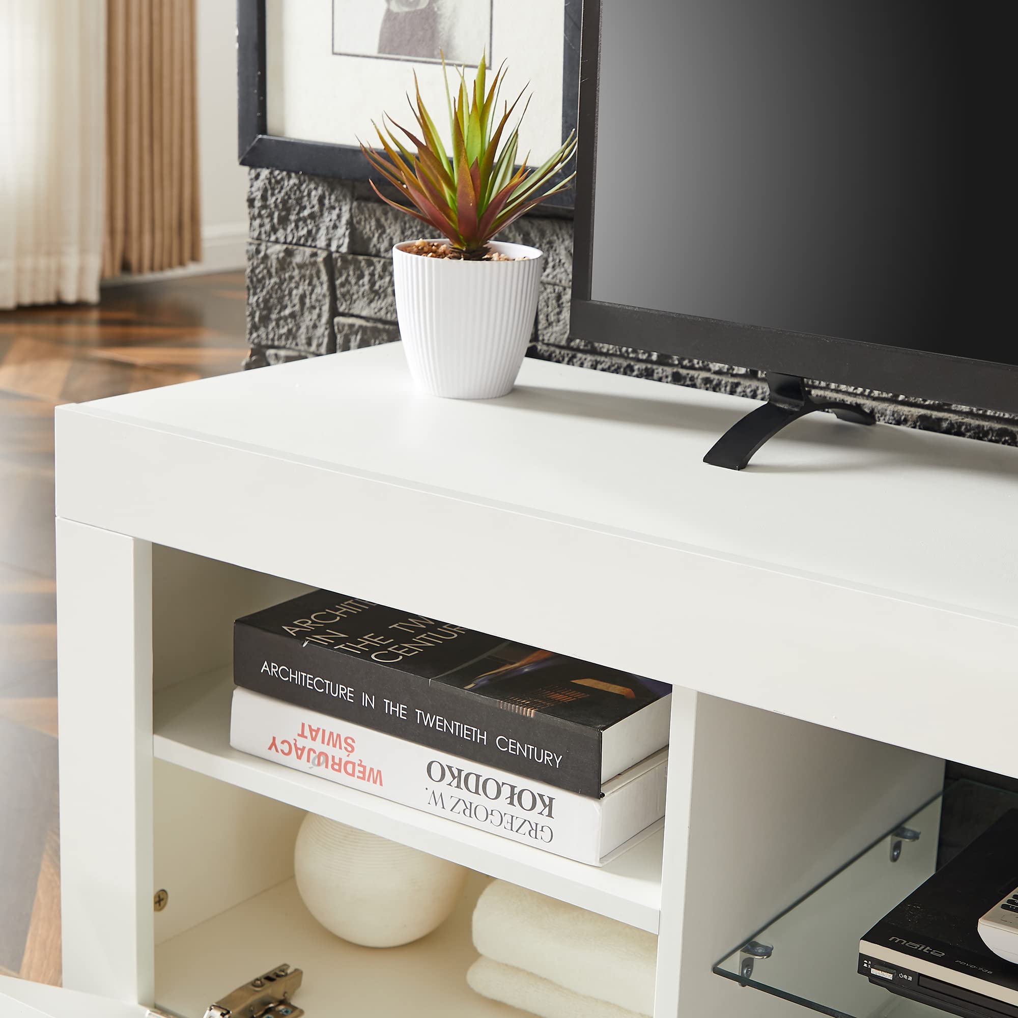 55 Inch TV Stand with LED Lights & 2 Drawers - Modern White Gloss Entertainment Center, Living Room TV Console Table for Home Theater Setup - Perfect for Gaming, Movie Nights & Family Entertainment