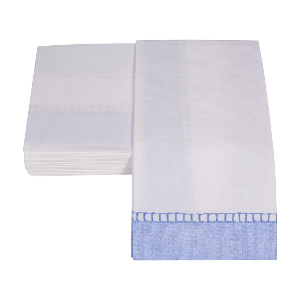 Premium Light Blue Linen Border Paper Guest Towels - 15 Pack | Elegant Dinner Napkins for Weddings, Parties & Formal Events | Caspari Luxury Disposable Towels
