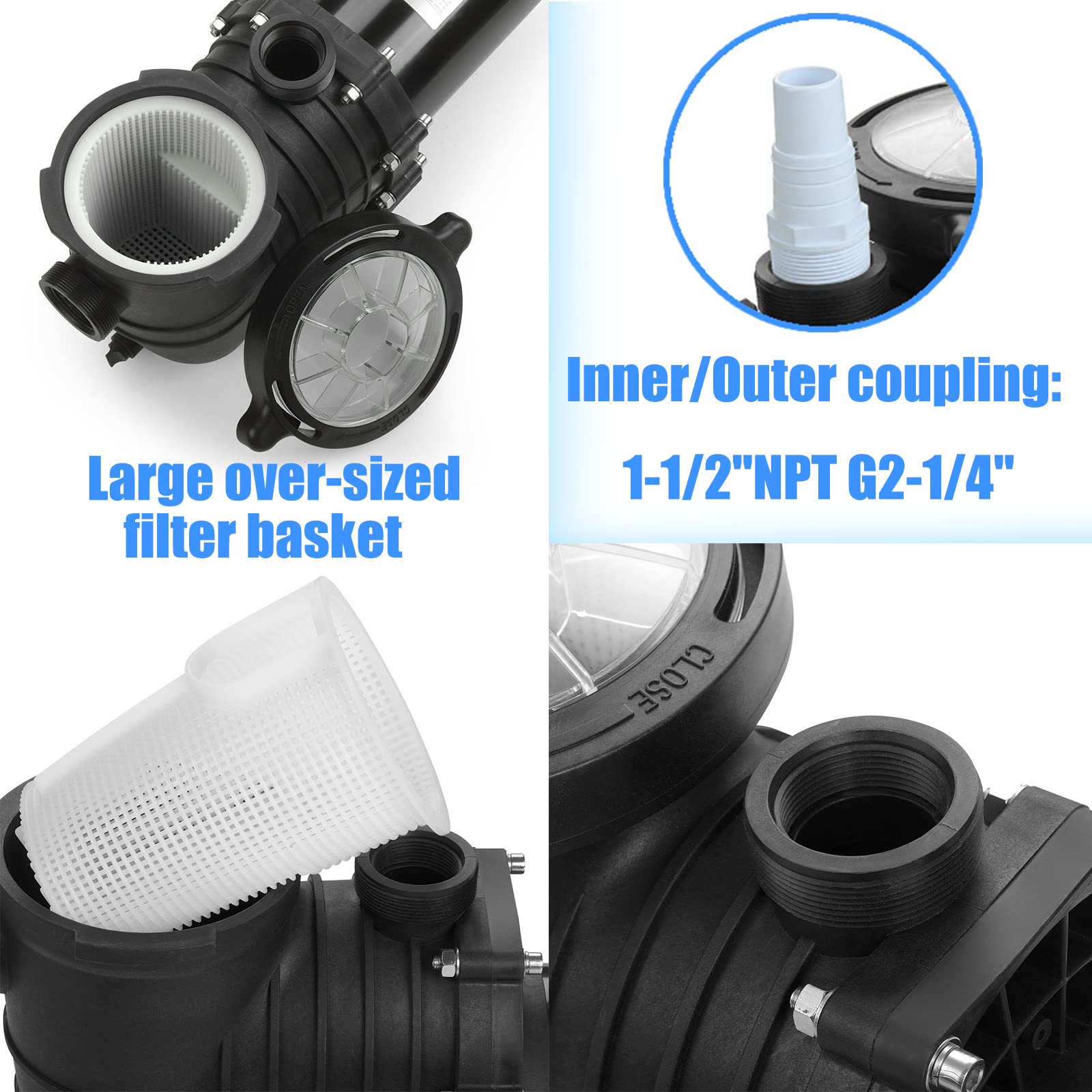 1.5 HP Inground/Above Ground Swimming Pool Pump - 110V/220V Dual Voltage, Self-Priming with Strainer Basket & Drain Plug - 1100W 60Hz Quiet Operation - Perfect for Backyard Pools, Spas & Water Features