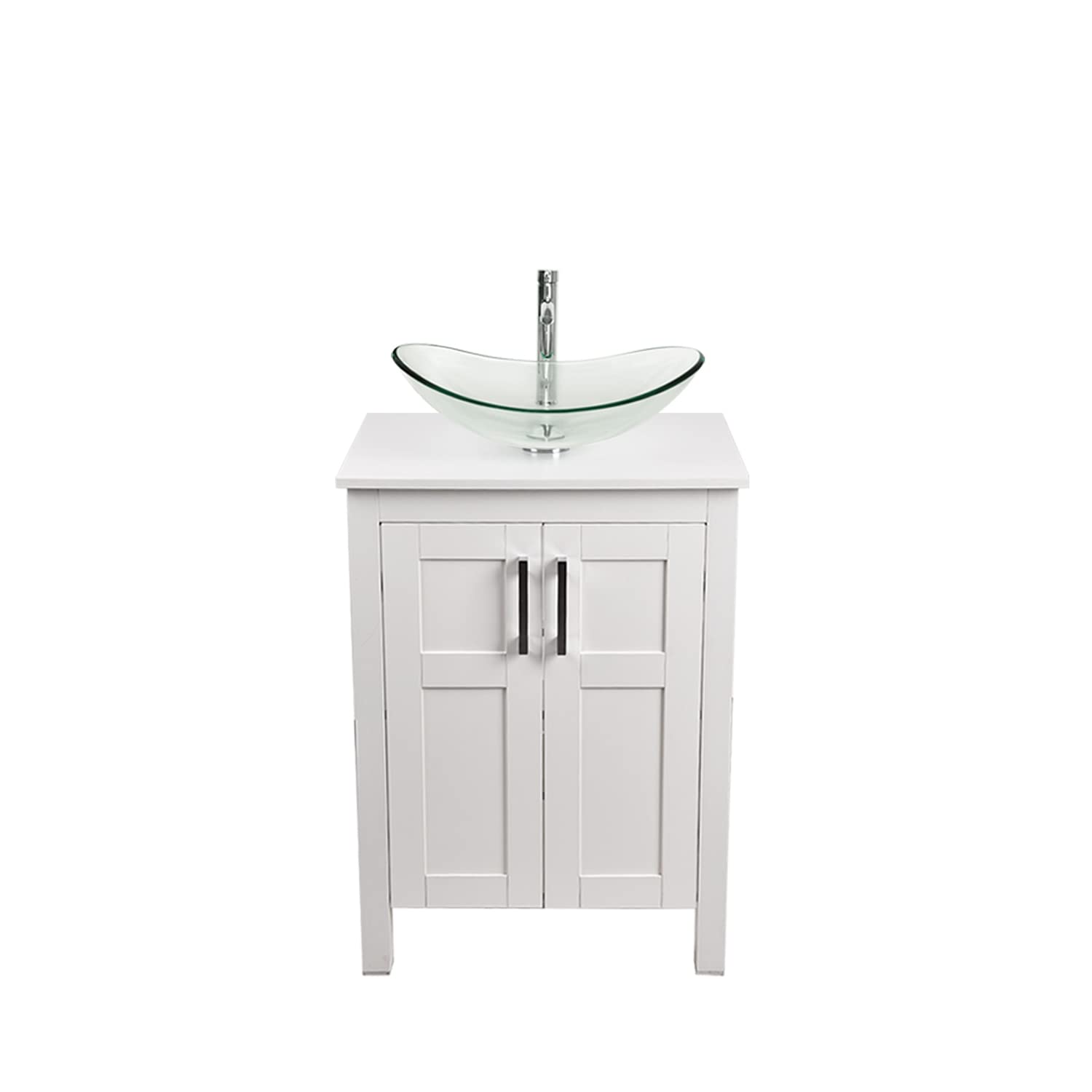 Puluomis 24 Inch White Traditional Bathroom Vanity Set with Tempered Glass Sink Top & 2-Door Cabinet - Single Faucet Hole - Perfect for Small Bathrooms, Powder Rooms & Home Renovations